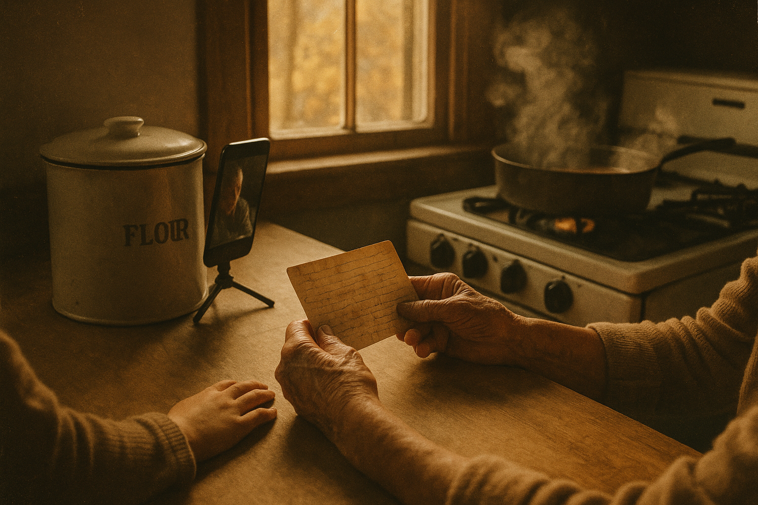 An elderly woman's hands holding a handwritten family recipe card while being recorded in a warm kitchen