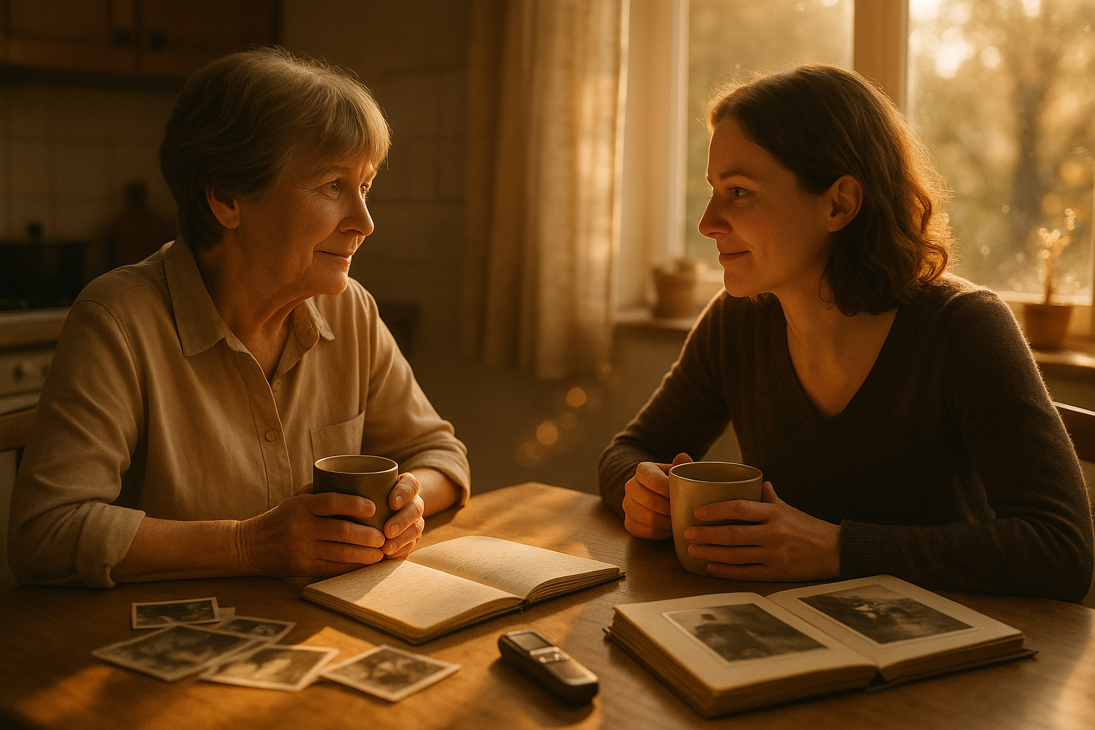 An older parent and adult child sitting at a kitchen table at golden hour, looking through an old photo album and family notebook together.