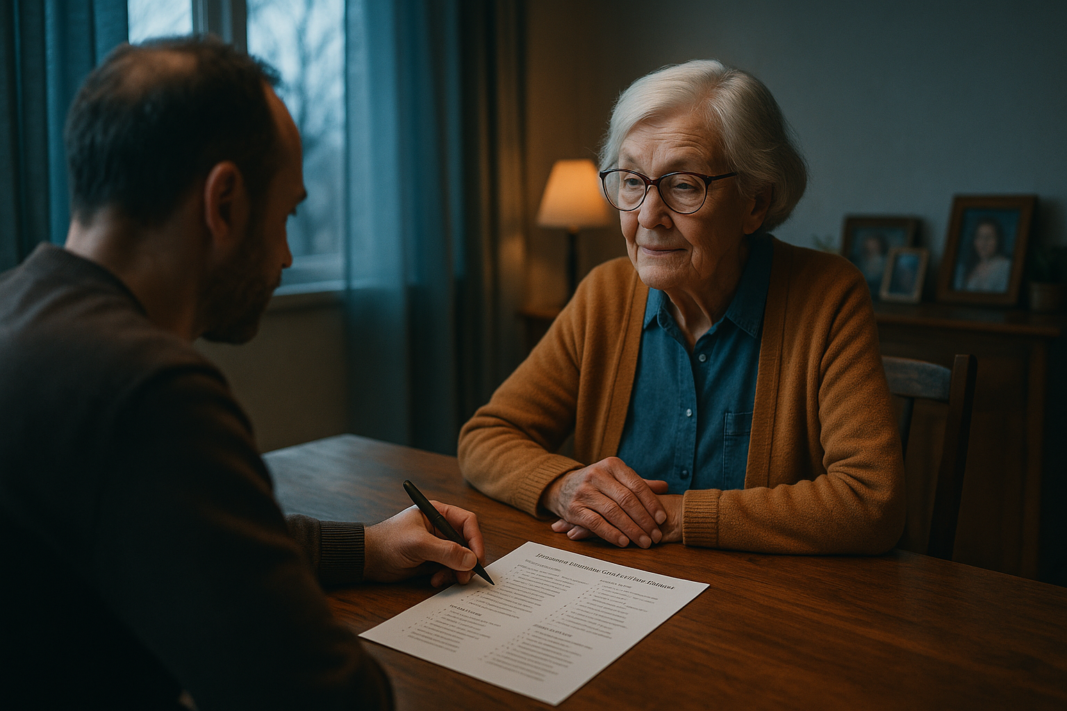 An adult child interviewing their elderly parent at a kitchen table, recording their life story