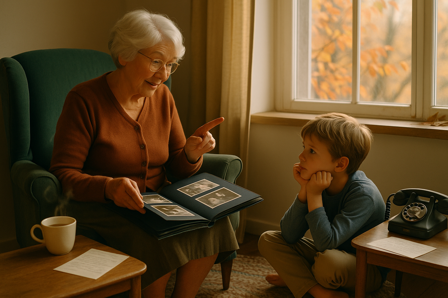 A grandmother shares a story from an old photo album with her grandchild in a sunlit living room.