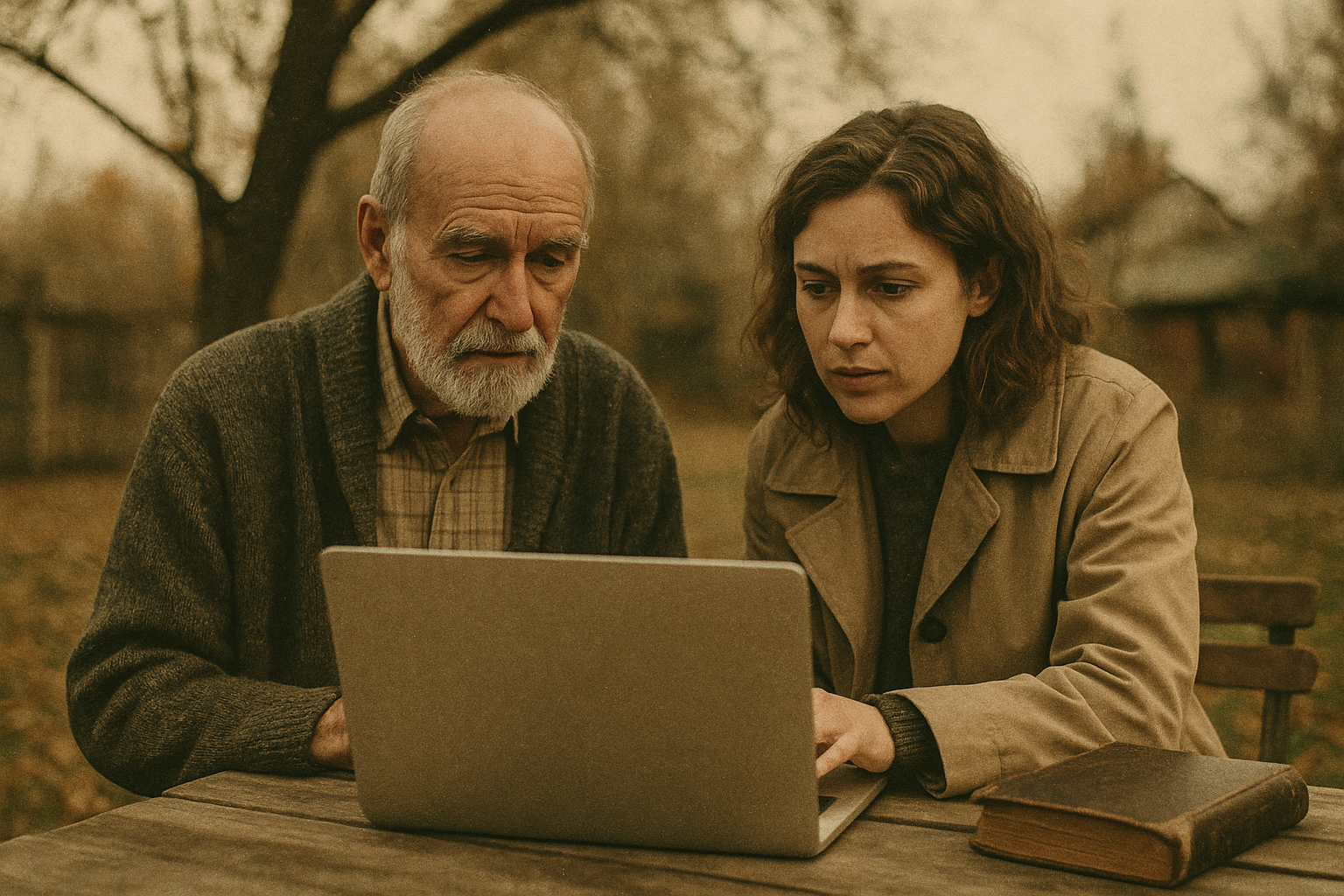 A person organizing a digital legacy plan at a desk with a notebook, phone, and a framed family photo
