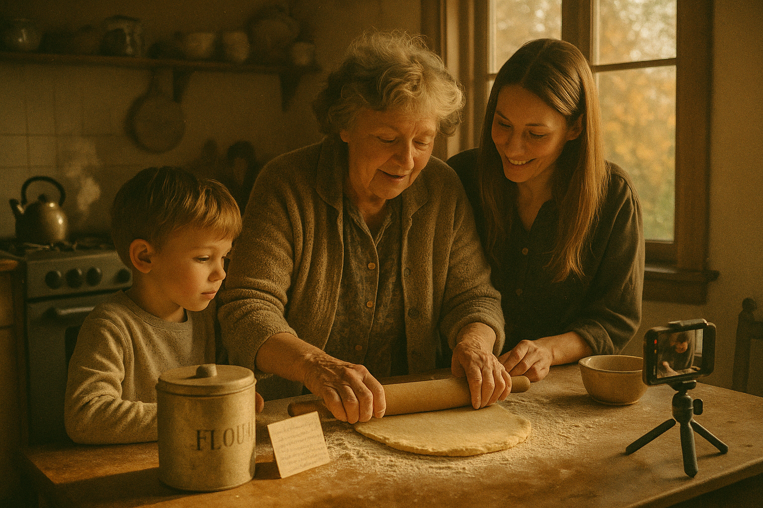 Three generations of a family baking together in a sunlit kitchen while a grandmother's voice and hands are recorded for future generations.