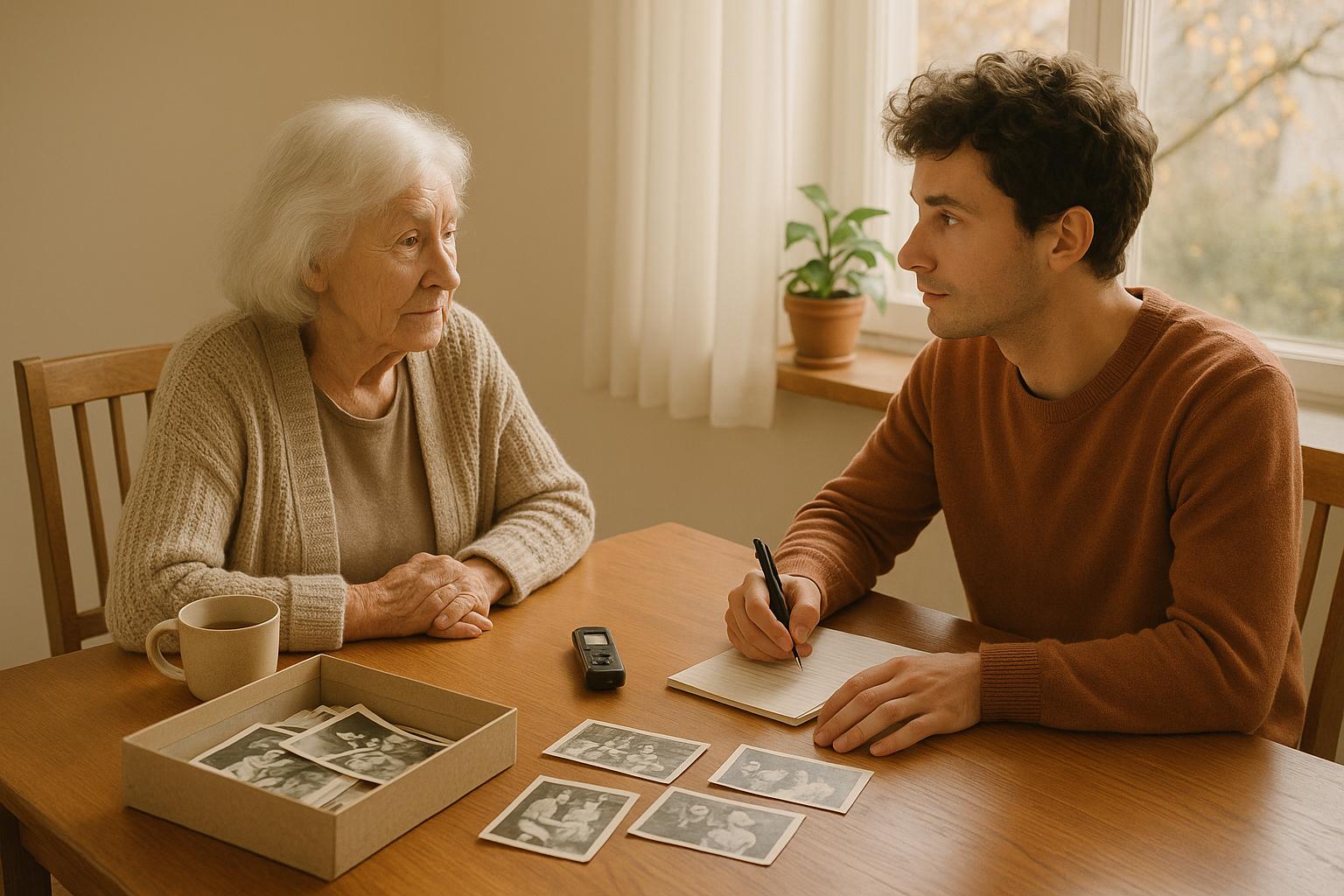 A grandmother and granddaughter sitting at a kitchen table with a voice recorder and old family photographs, recording a family history interview