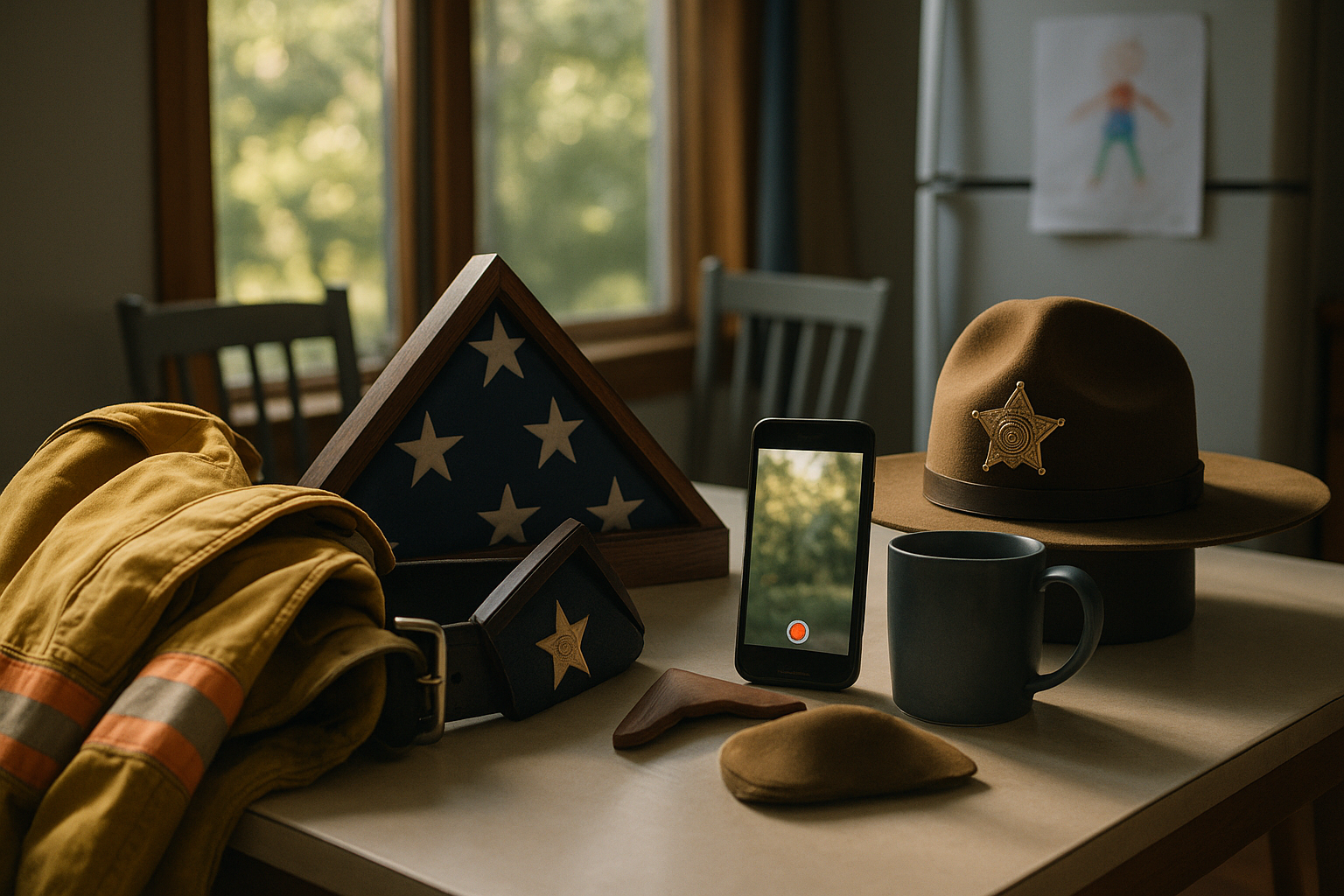 A police duty belt, folded flag case, and firefighter helmet on a kitchen table beside a smartphone recording a voice message in early morning light.