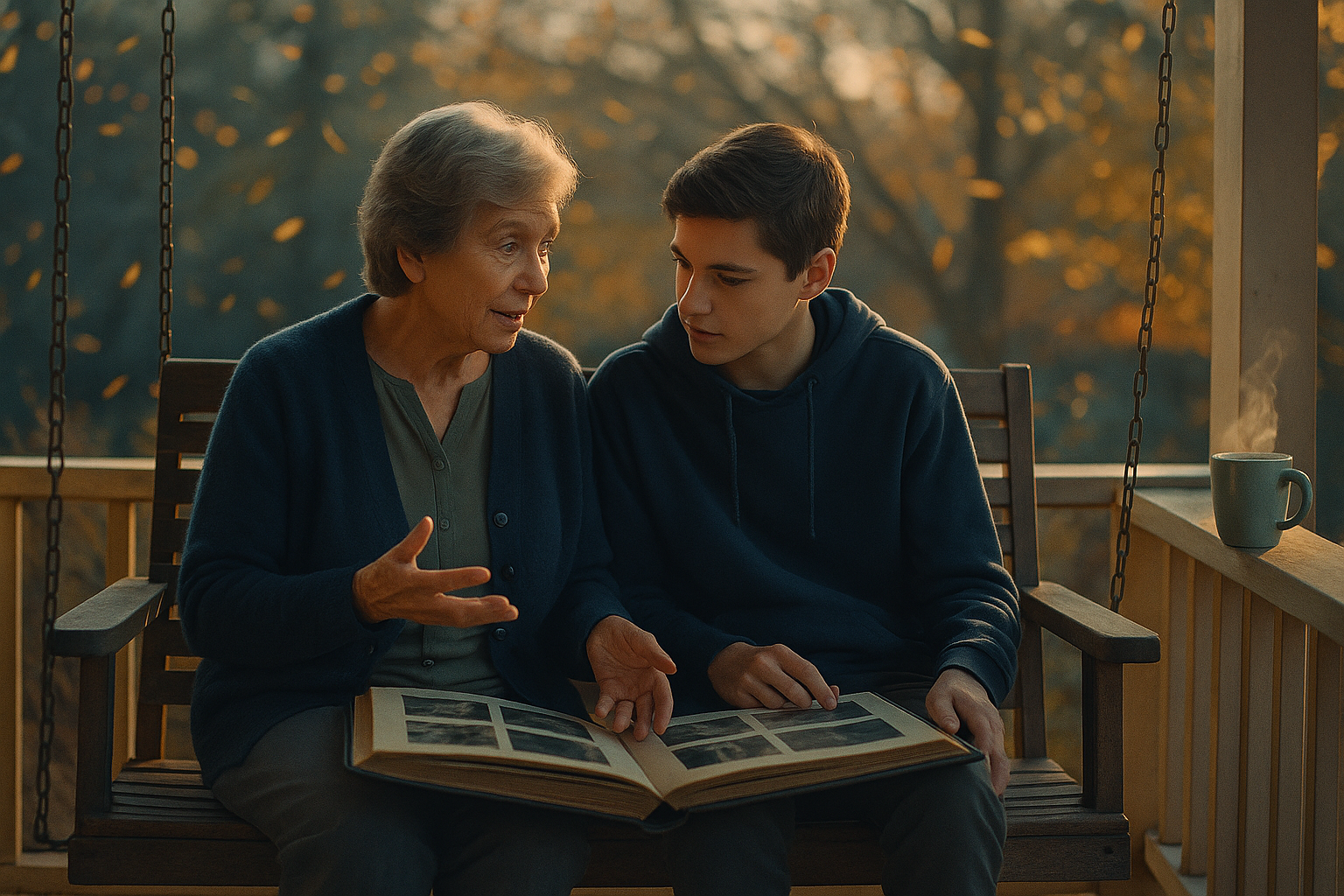 A grandmother sharing stories from a photo album with her grandson on a porch at sunset
