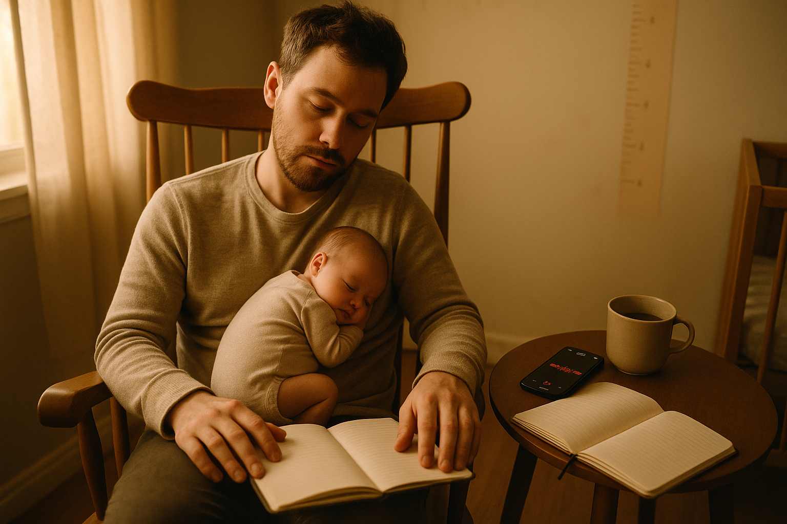 A new parent rocking a sleeping newborn while a notebook and phone recording sit on a nearby table in a softly lit nursery