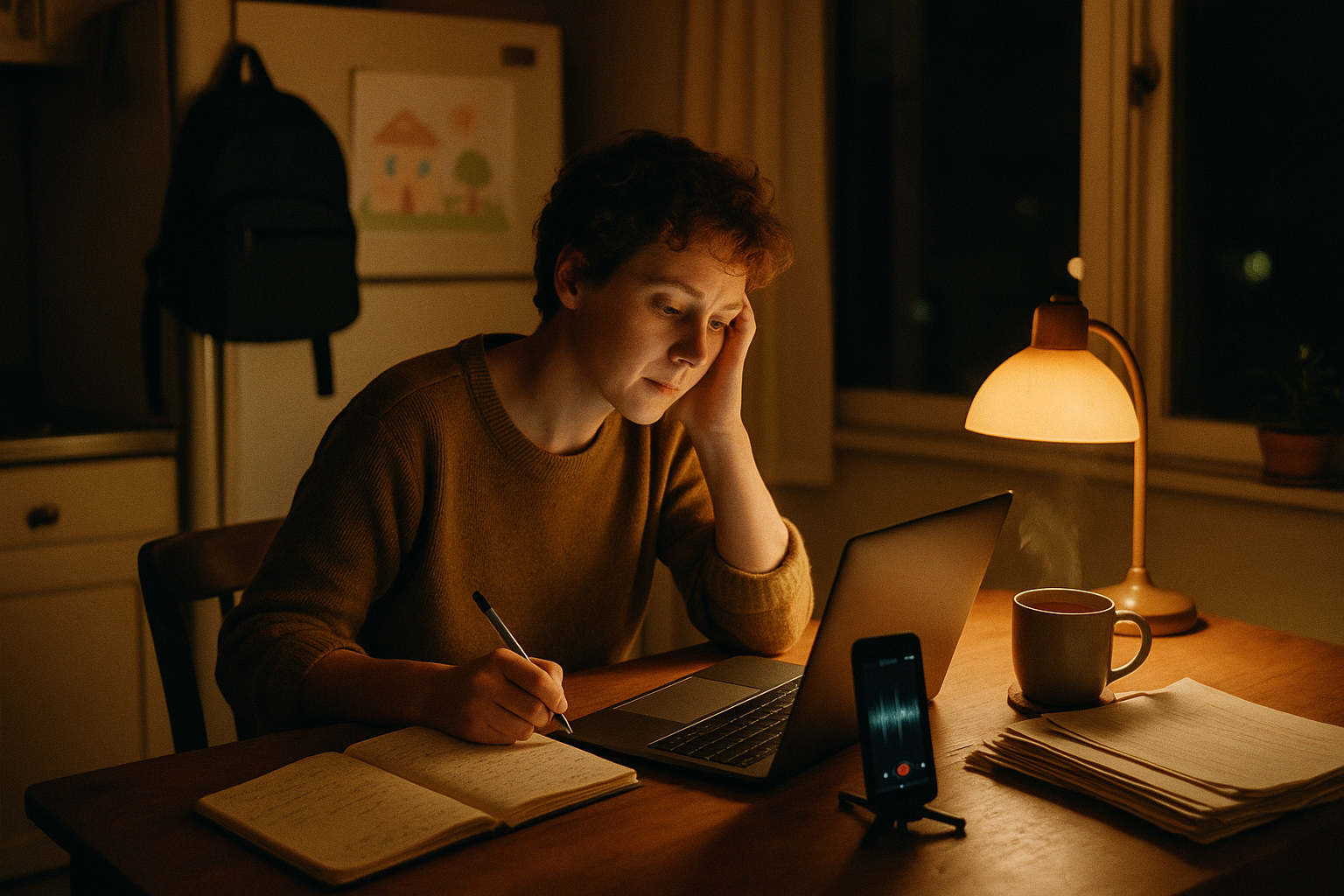 A single parent at a kitchen table late at night recording a voice message and reviewing paperwork for their children's future