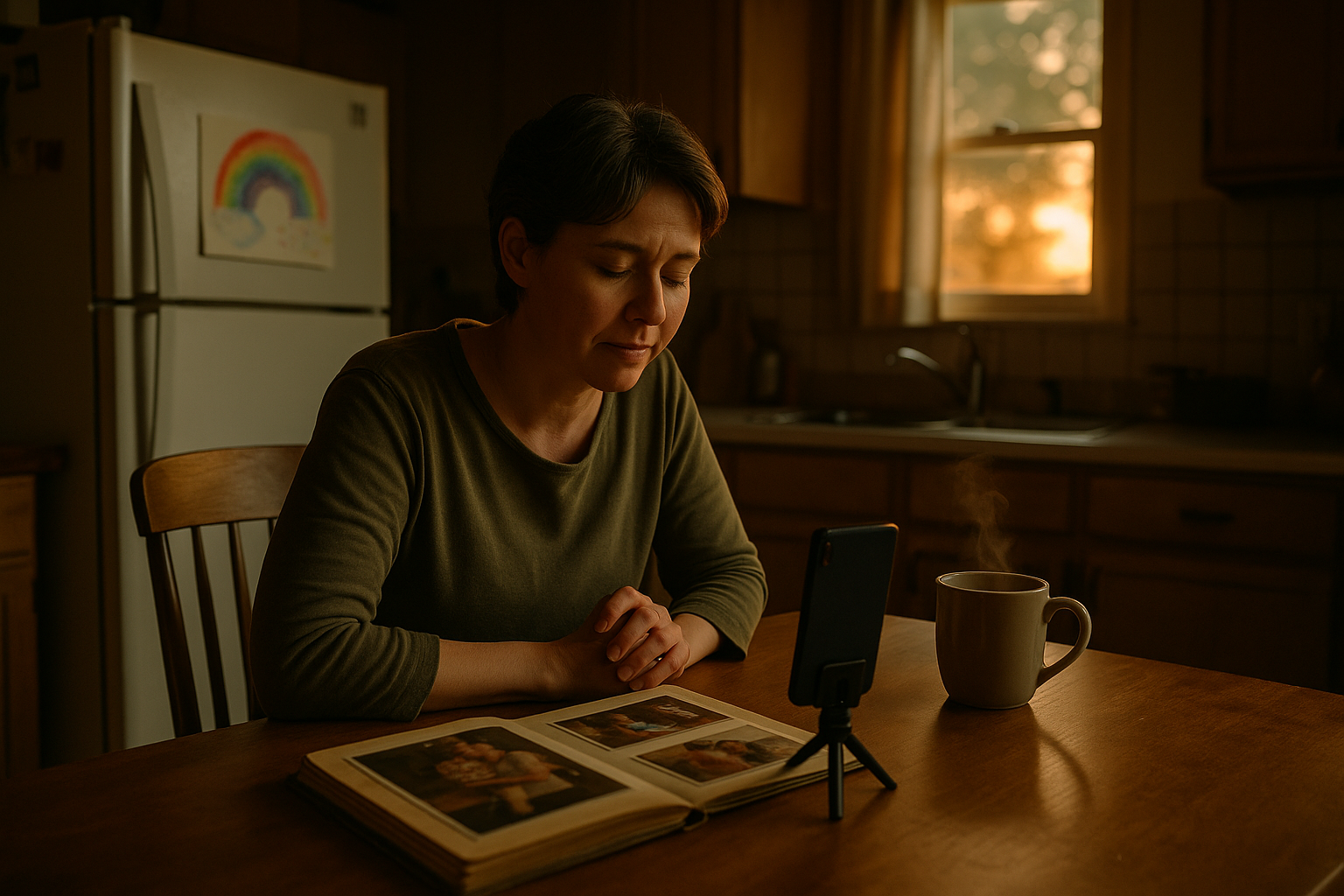A parent in their forties sitting at a kitchen table recording an audio message on a smartphone, with a child's artwork visible in the background