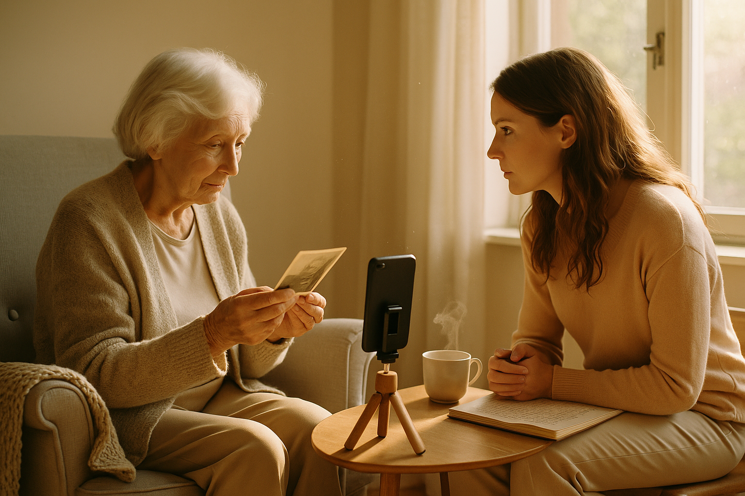 An elderly woman shares stories with her granddaughter while a smartphone on a tripod records the conversation in a warm, sunlit living room.