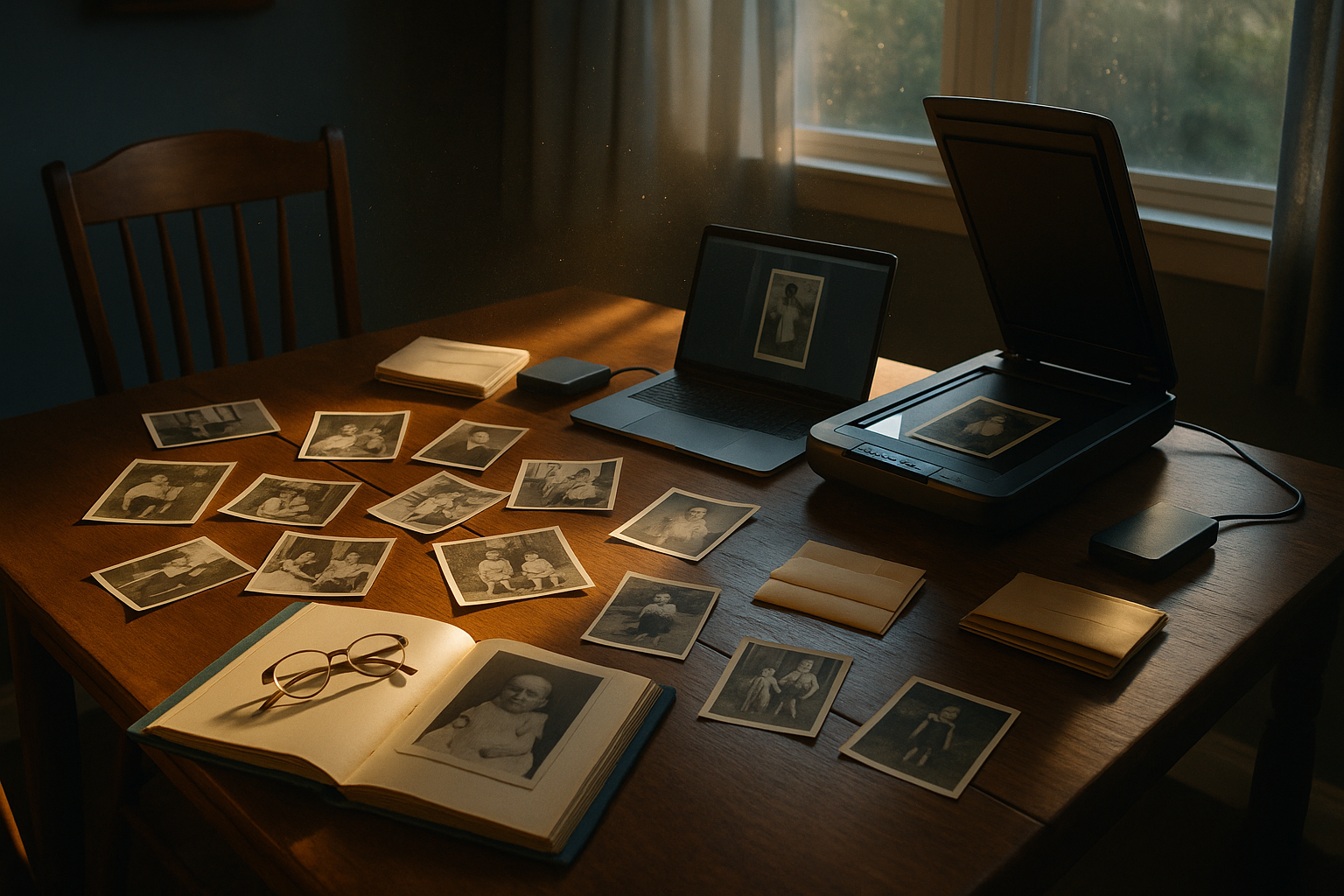 Old family photographs being scanned on a flatbed scanner next to a laptop and external hard drive on a sunlit table