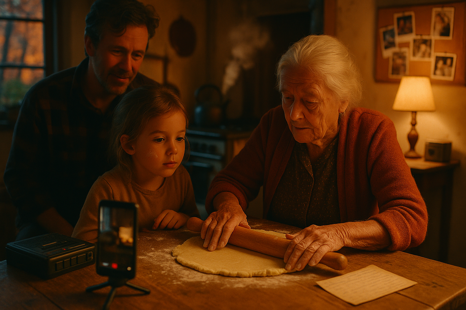 Three generations of a family baking together in a farmhouse kitchen, with a grandmother's handwritten recipe card and a recording device capturing the moment