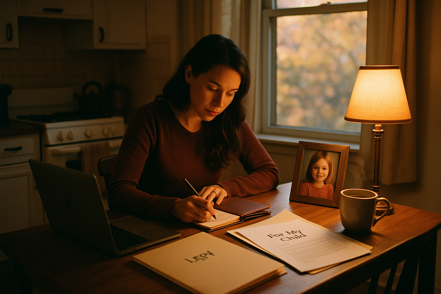 A single parent writing letters and organizing legacy documents late at night for her child