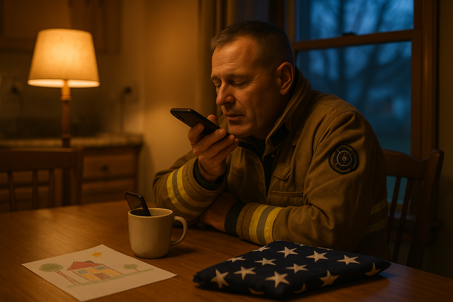 A first responder recording a voice message at home for their child, with a folded flag and child's drawing on the table