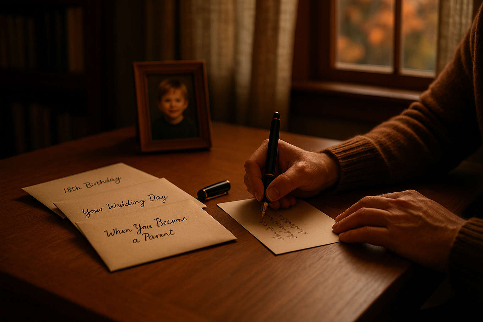 A parent handwriting a letter at a wooden desk, with sealed envelopes labeled for future milestones like a child's wedding day and eighteenth birthday