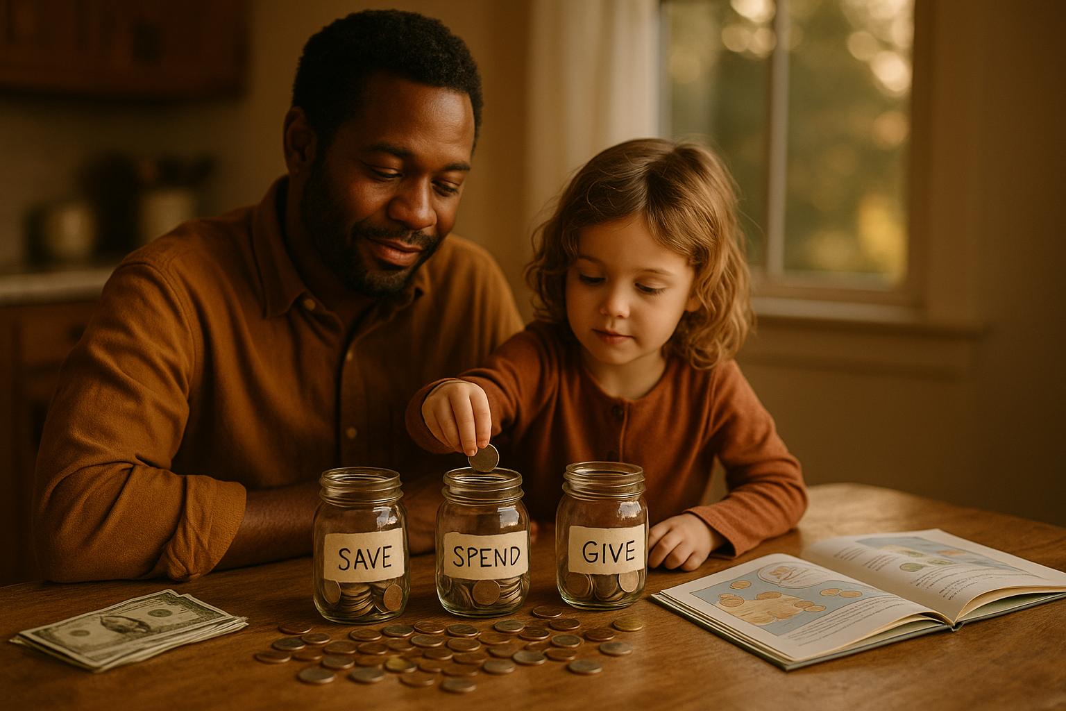 A parent and young child sorting coins into labeled glass savings jars at a kitchen table during golden hour.