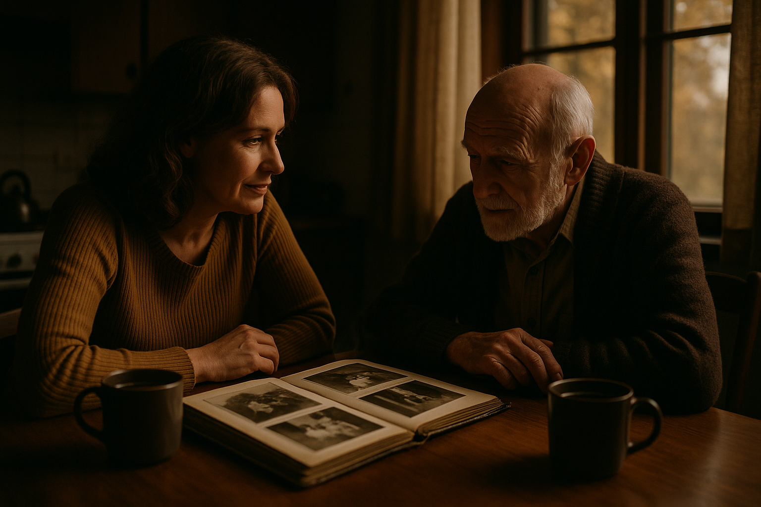 An adult daughter and her aging father sit at a kitchen table with coffee and a photo album, talking openly.