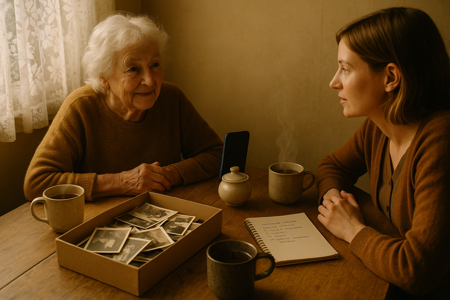 A grandmother and granddaughter sit at a kitchen table with old photographs between them, recording a conversation on a smartphone.