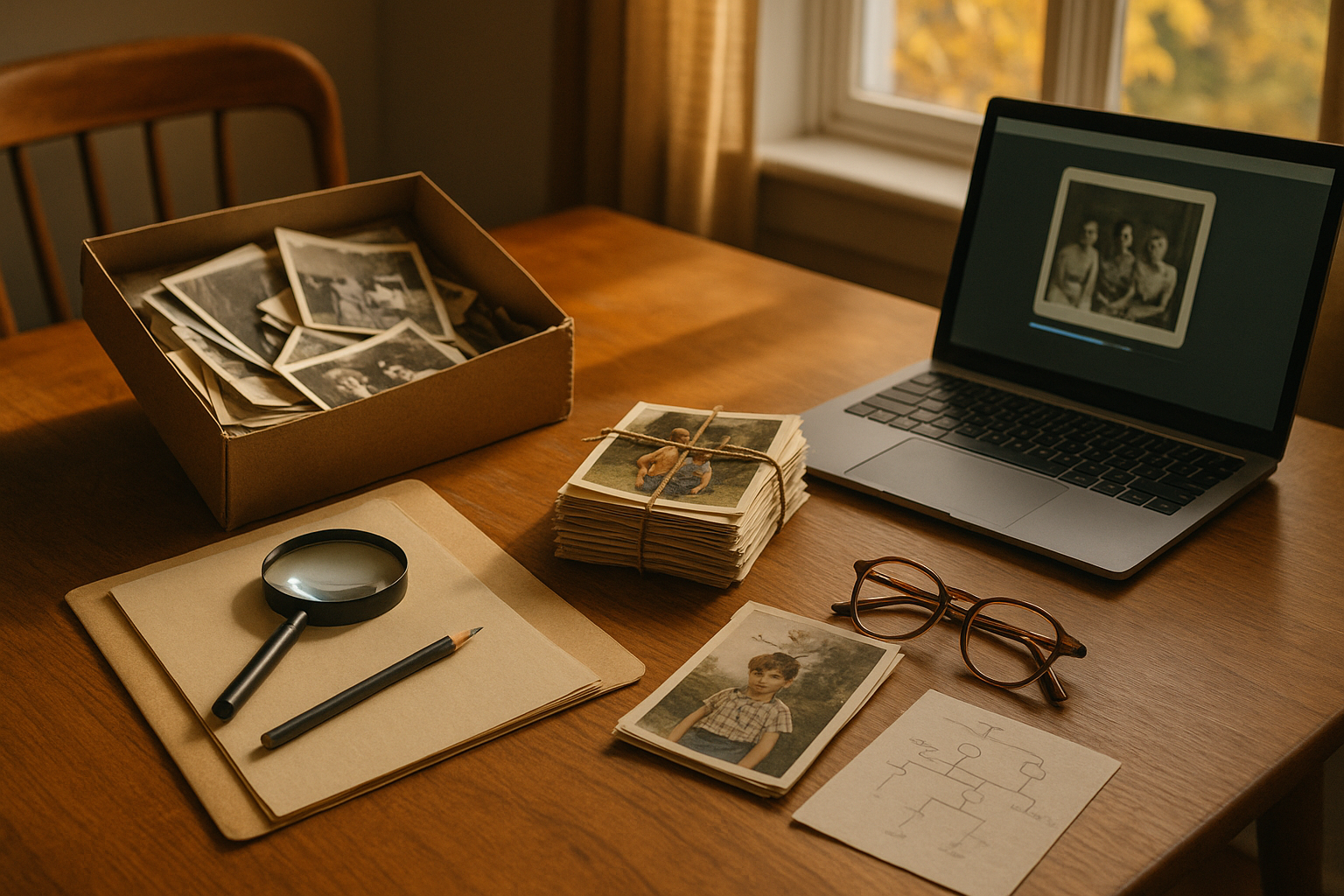 A shoebox of old family photographs being sorted on a table beside archival folders, a pencil, and a laptop mid-scan.