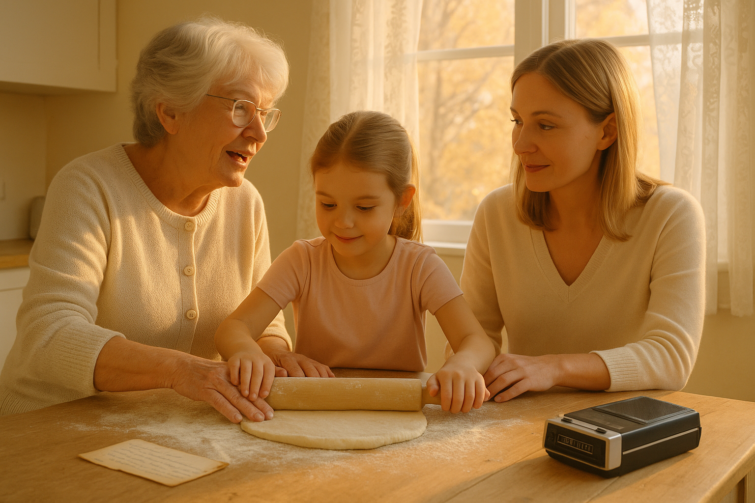 Three generations of women baking together in a sunlit kitchen with a handwritten recipe card and an old recorder capturing the grandmother's voice