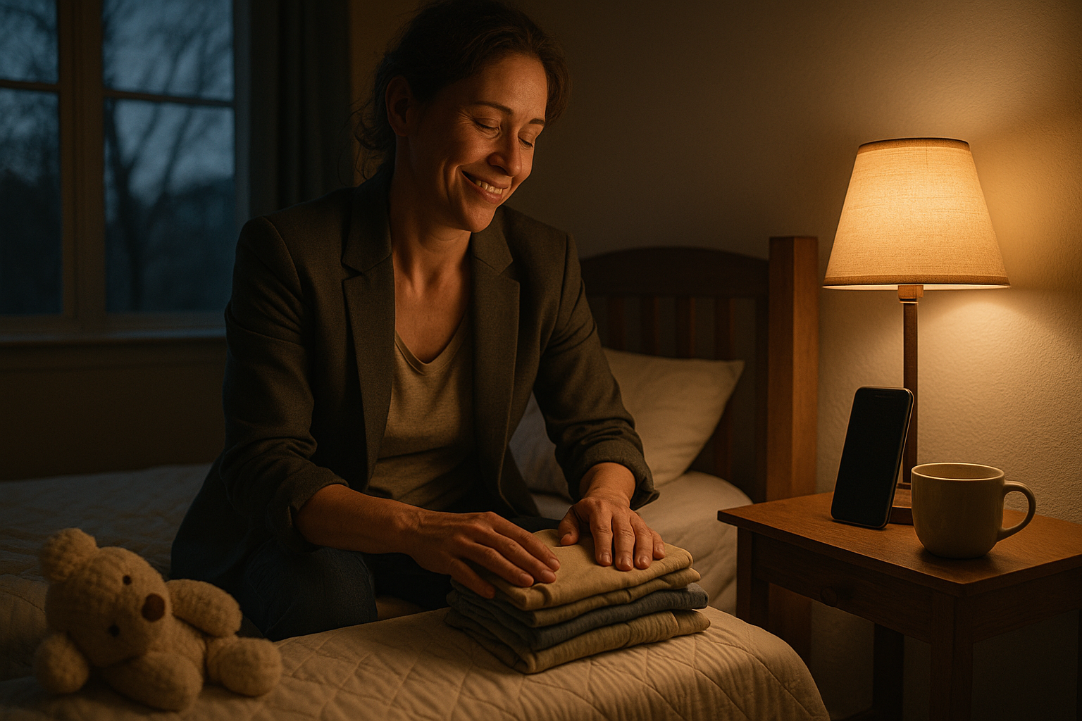 A working parent sitting on a child's bed at dusk, recording a voice memo on her phone while folding laundry nearby.