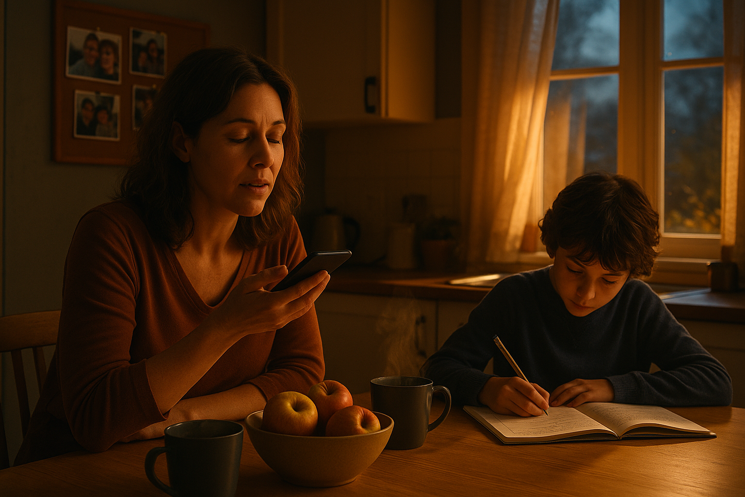 A mother in her forties recording a voice memo on her phone at the kitchen table while her child does homework nearby, capturing an everyday family moment