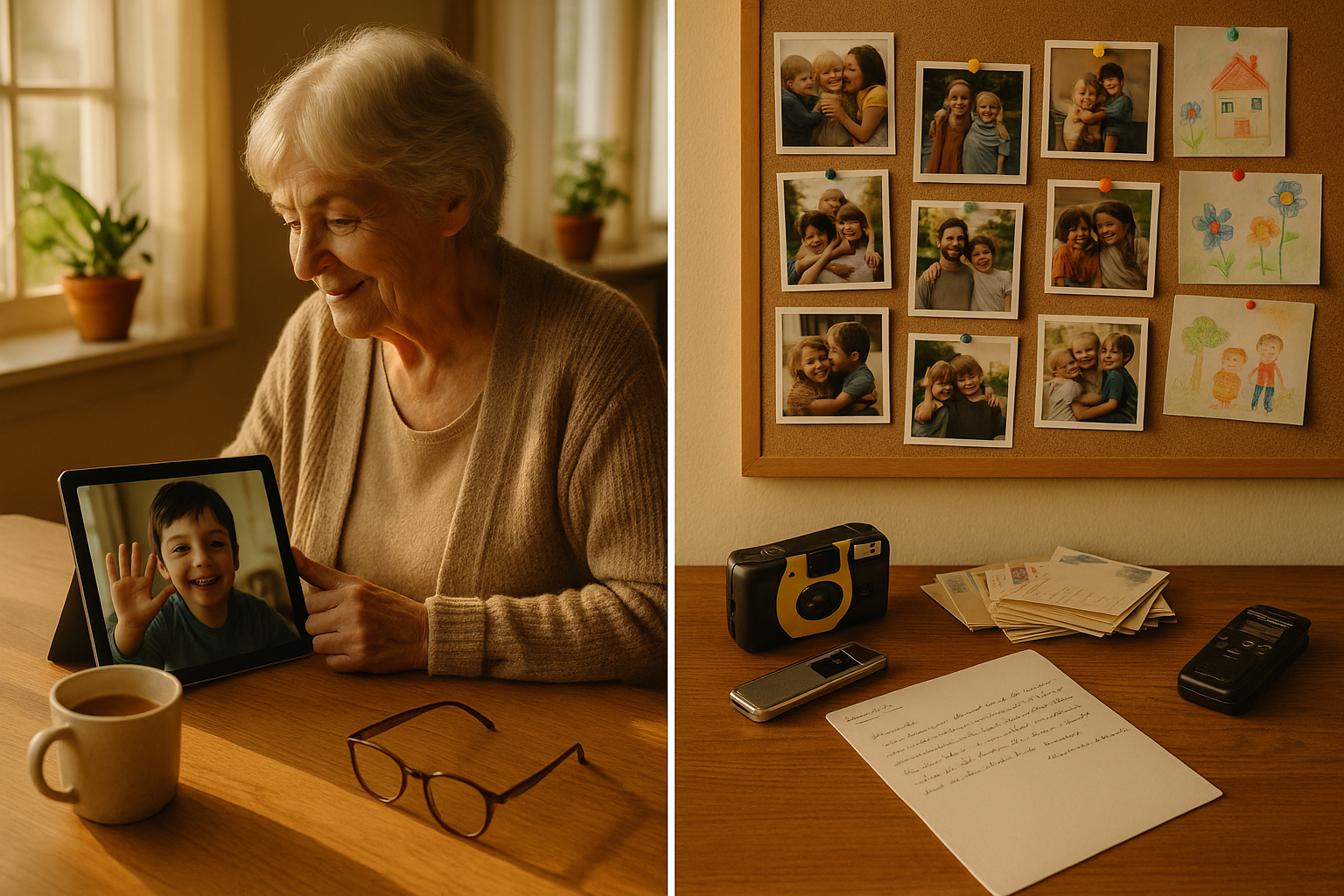A grandmother video calling her grandchild on a tablet at a sunlit kitchen table, surrounded by handwritten postcards and a photo collage of family memories.