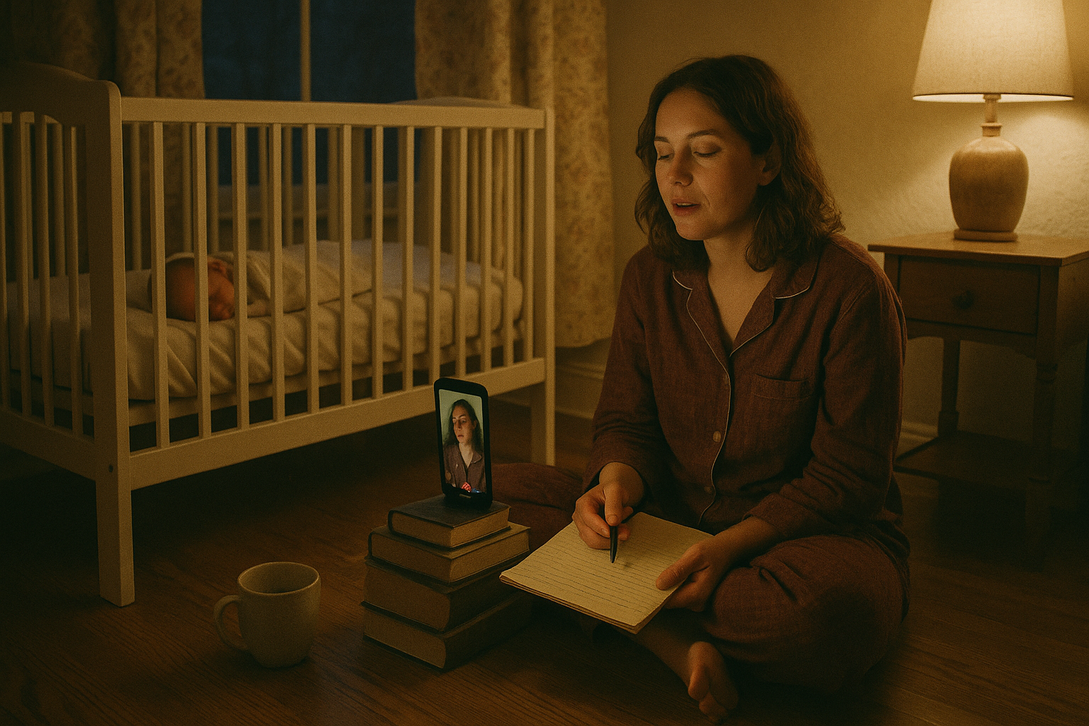 A new mother sits beside her sleeping baby's crib in a dim nursery, recording a voice message on her phone next to a handwritten planning checklist.