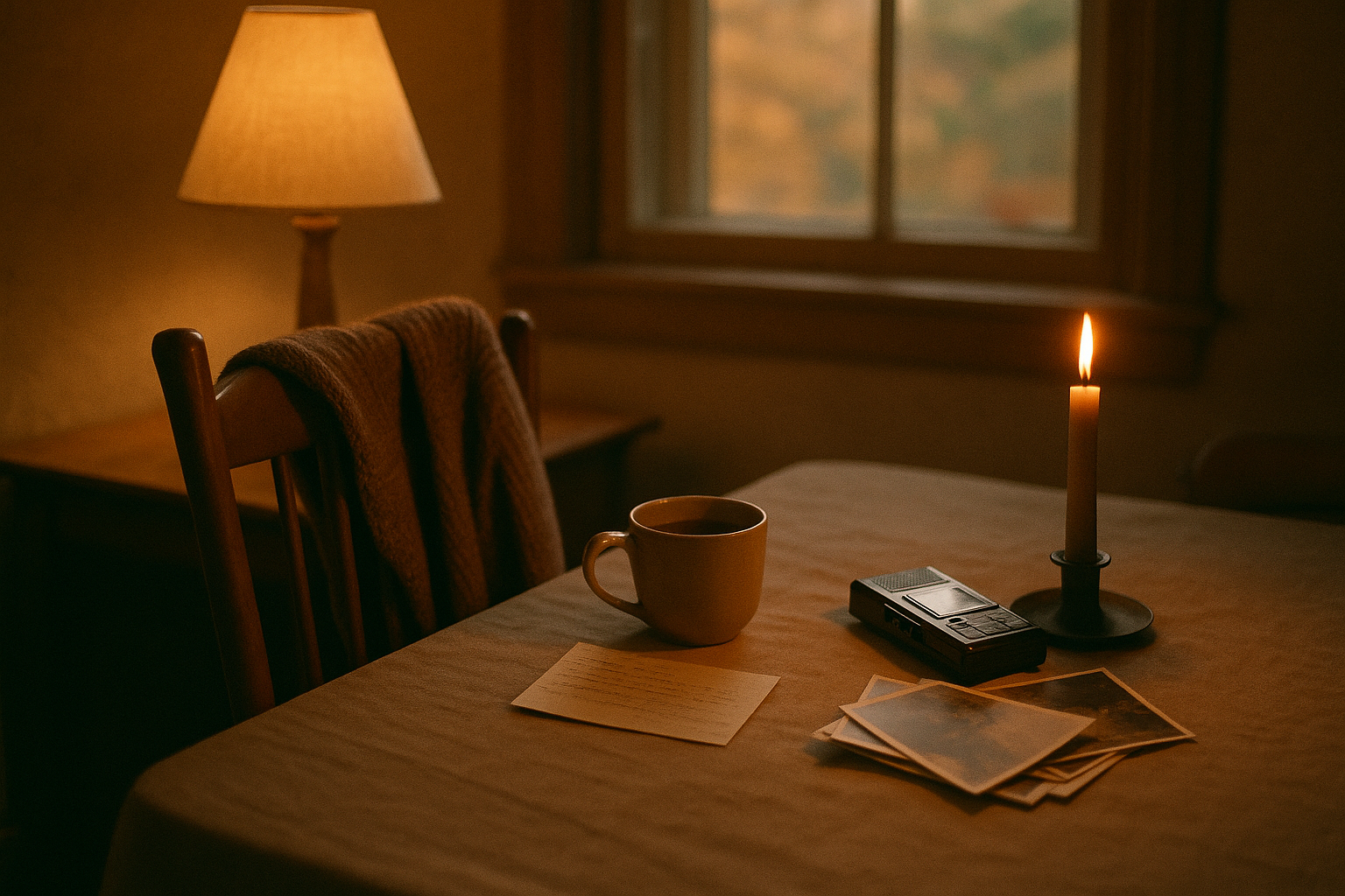An empty chair at a warm kitchen table with a candle, photographs, and an old voice recorder, symbolizing gentle ways to honor a loved one's memory