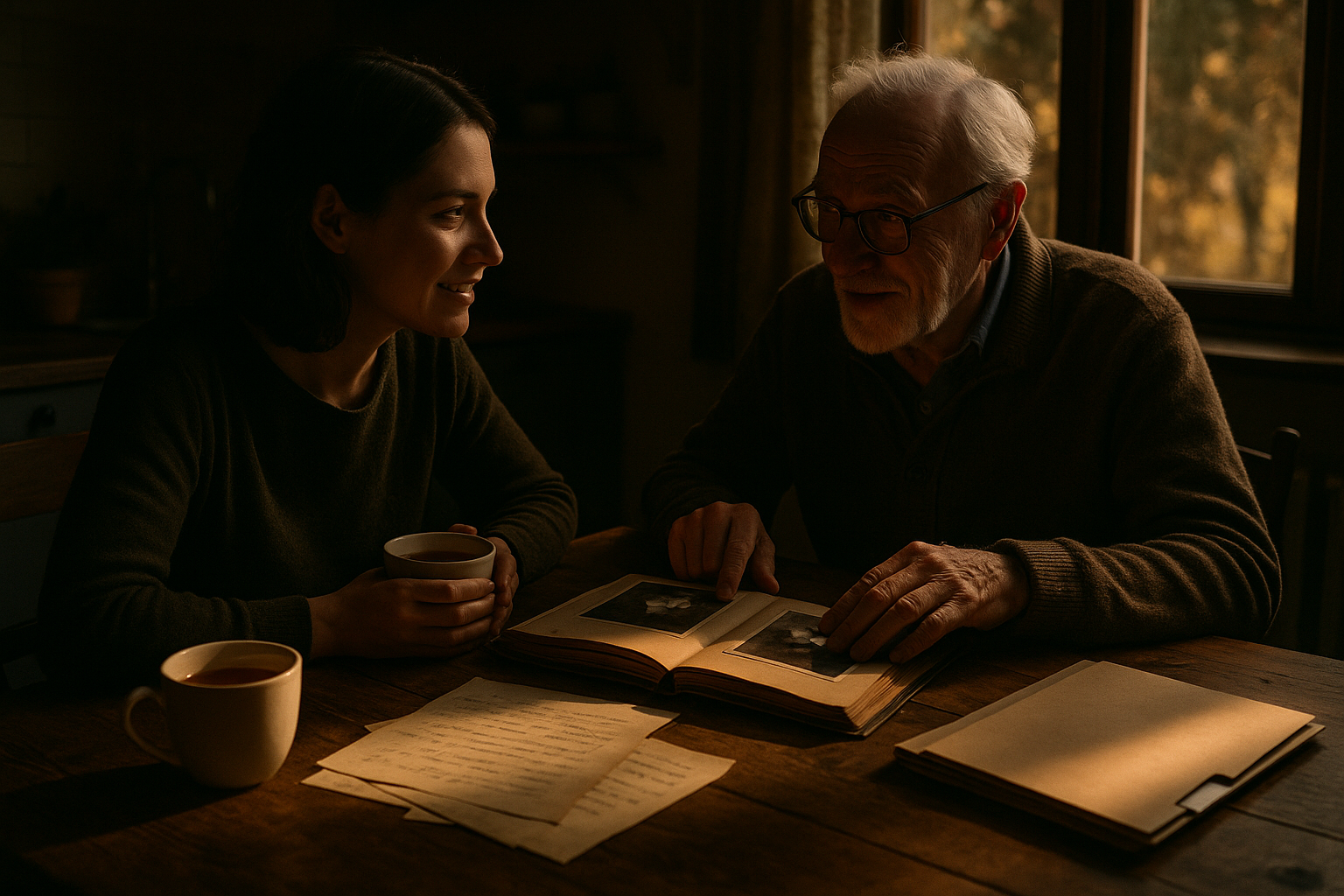 An adult daughter and her elderly father sit at a kitchen table with tea and a photo album, having a warm conversation about his wishes.