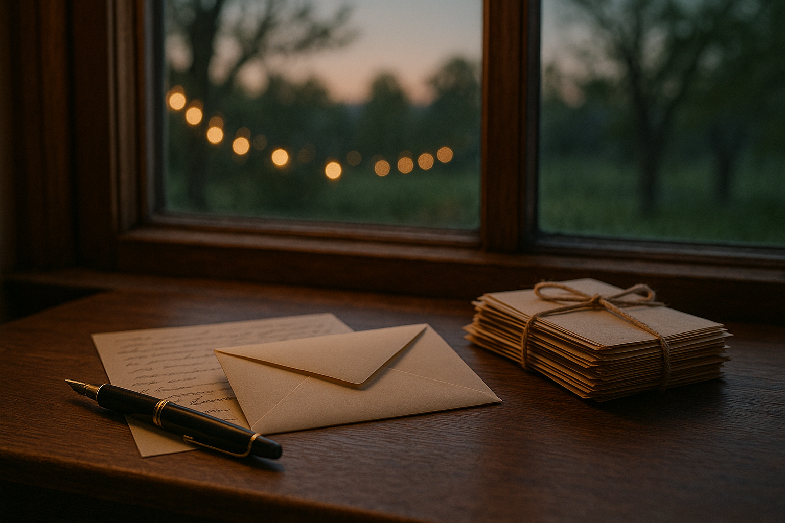 A handwritten letter and a sealed envelope labeled for a future milestone resting on a wooden desk at dusk