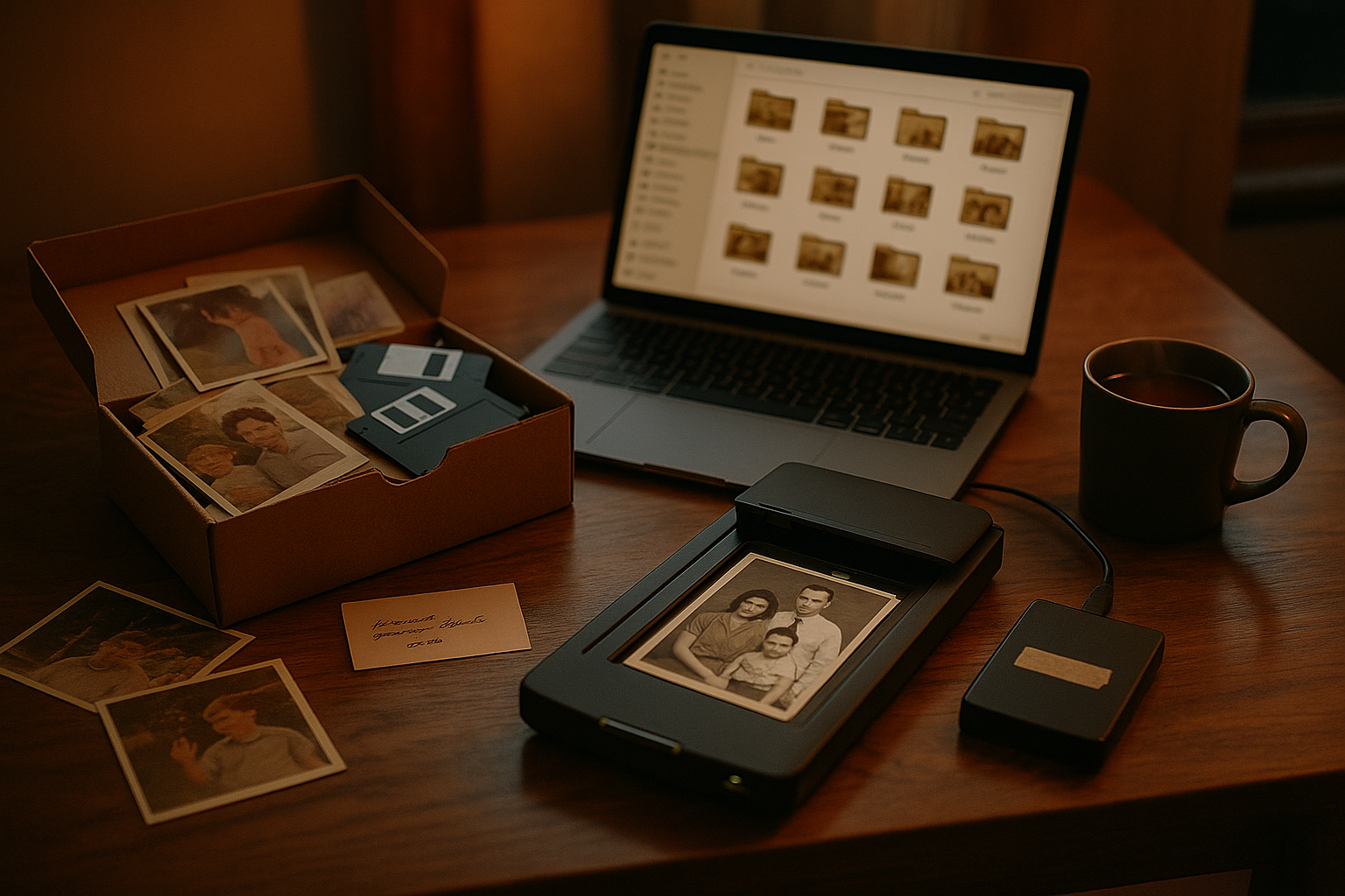 A shoebox of old family photographs next to a laptop and scanner, symbolizing the process of organizing memories into a digital memory box.