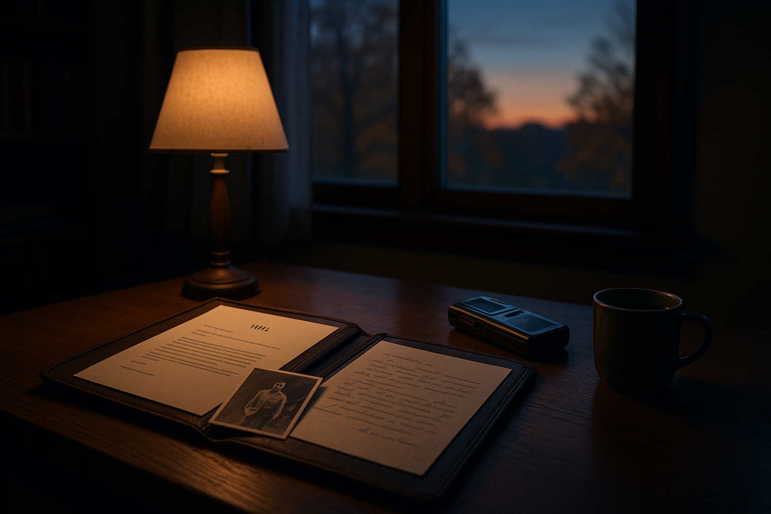 An open folder of estate planning documents and a handwritten letter beside a voice recorder on a desk, symbolizing organizing legal papers and personal wishes for loved ones