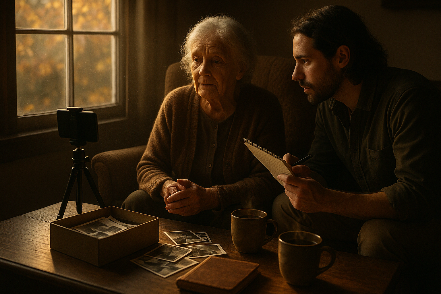 An elderly grandmother being recorded on a smartphone by her grandchild while sharing family stories, with old photographs on the table between them.