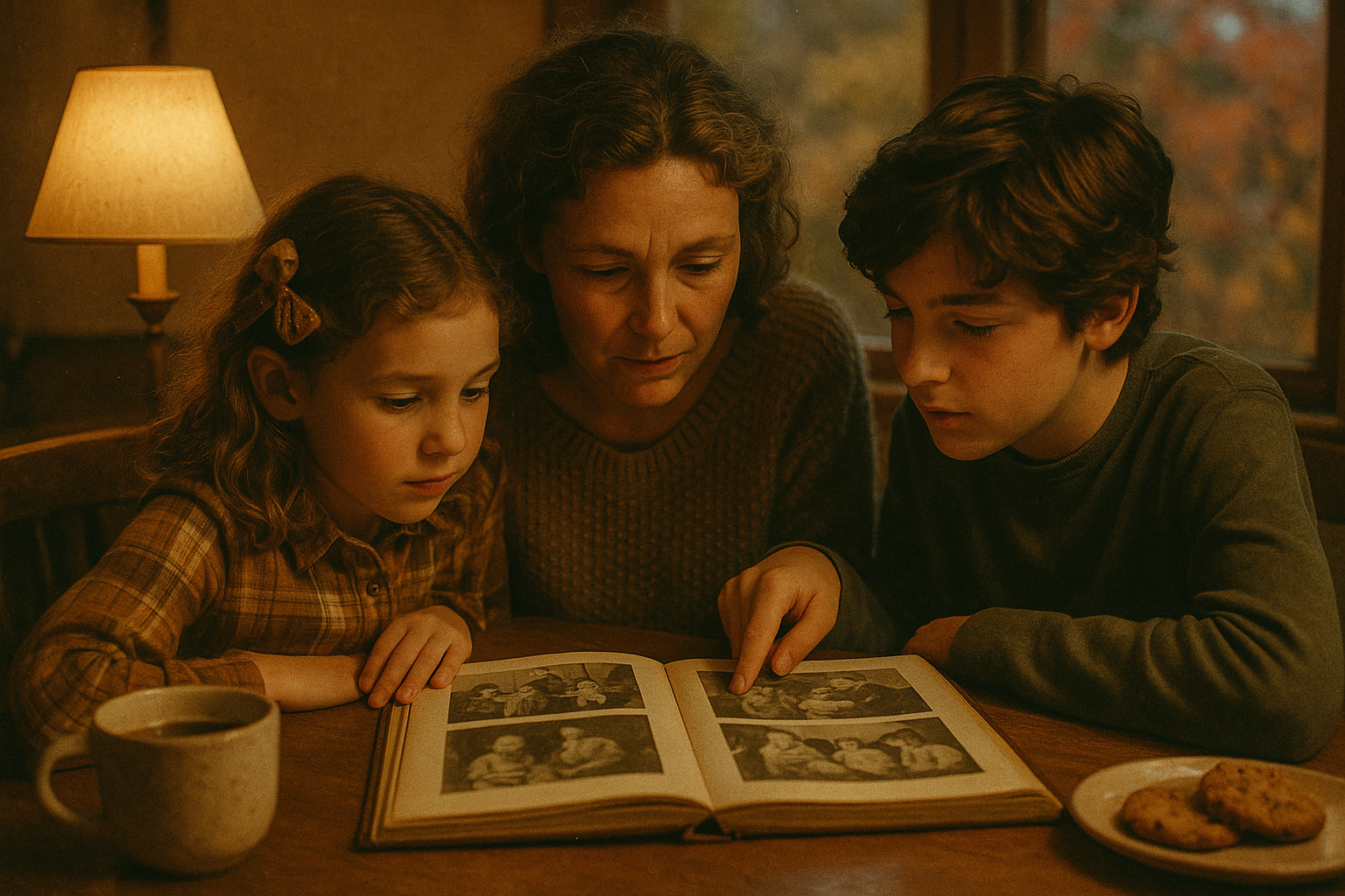 A mother sharing family stories and old photographs with her two children at the kitchen table in the evening