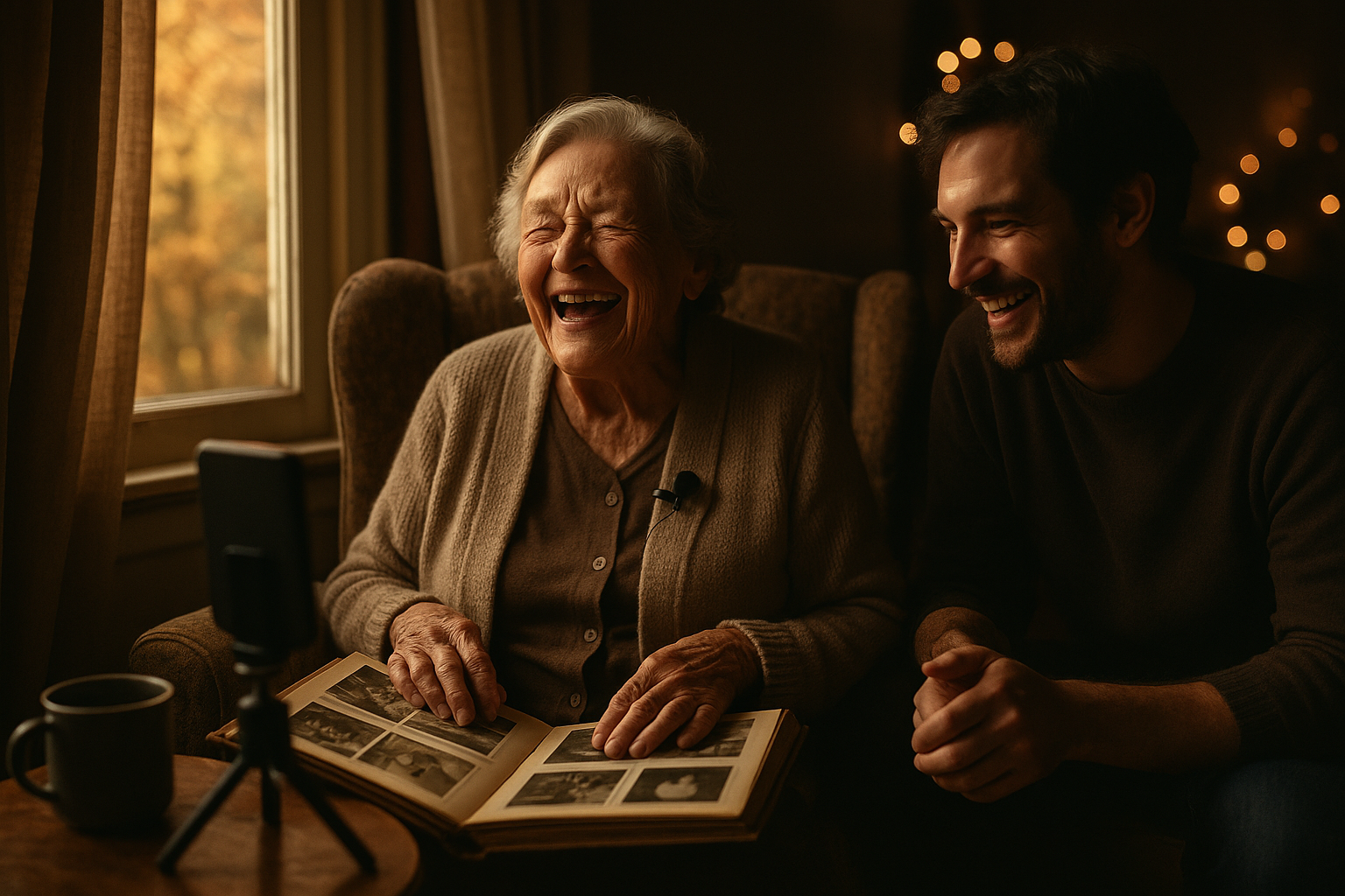 A grandmother wearing a clip-on microphone shares stories with her grandchild while a smartphone records on a small tripod nearby, an open photo album on her lap.