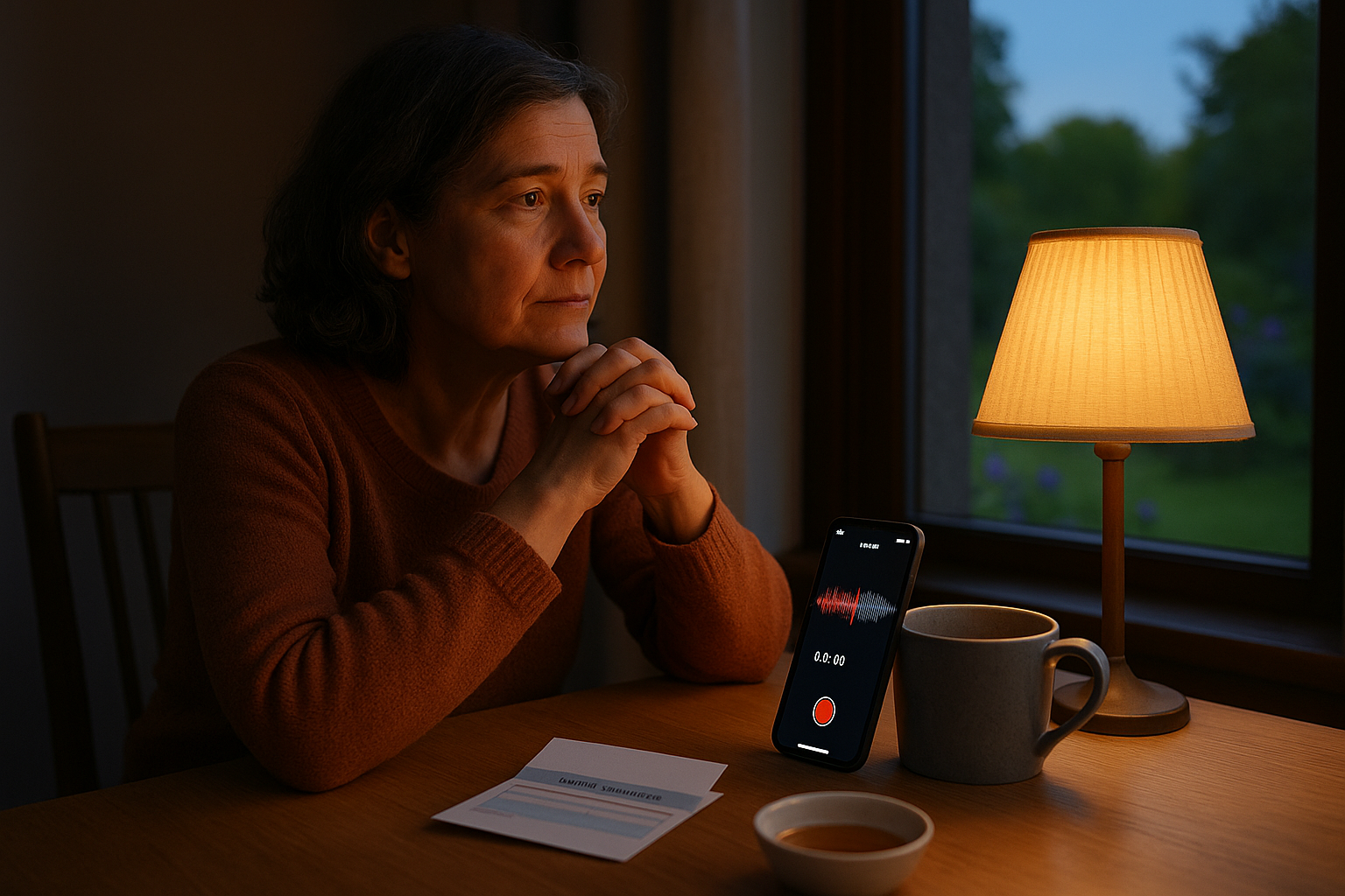 A middle-aged parent sitting at a kitchen table at dusk beside a phone recording app and a hospital appointment card, preparing to record a personal message.