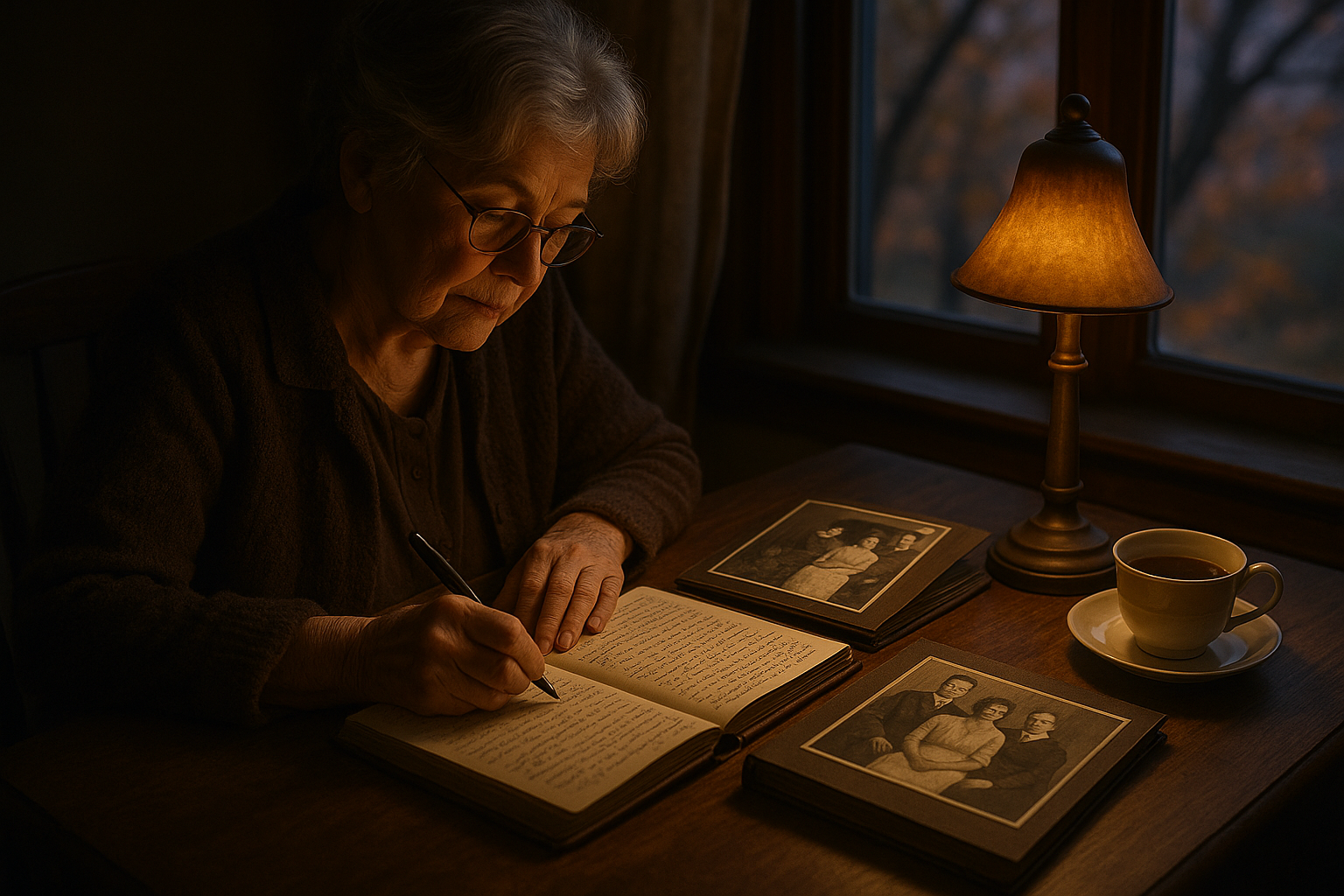 An elderly woman writing an ethical will by lamplight at a wooden desk, surrounded by family photos and a journal.