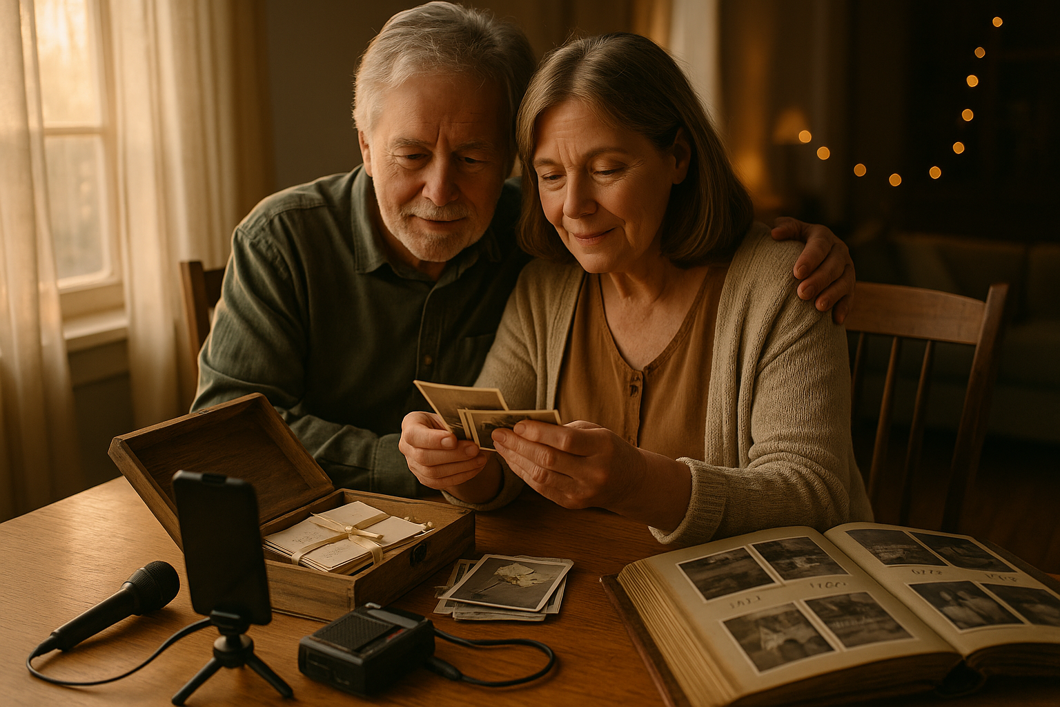 An older couple opening a wooden anniversary keepsake box filled with photos, letters, and a recording device at a warmly lit table.