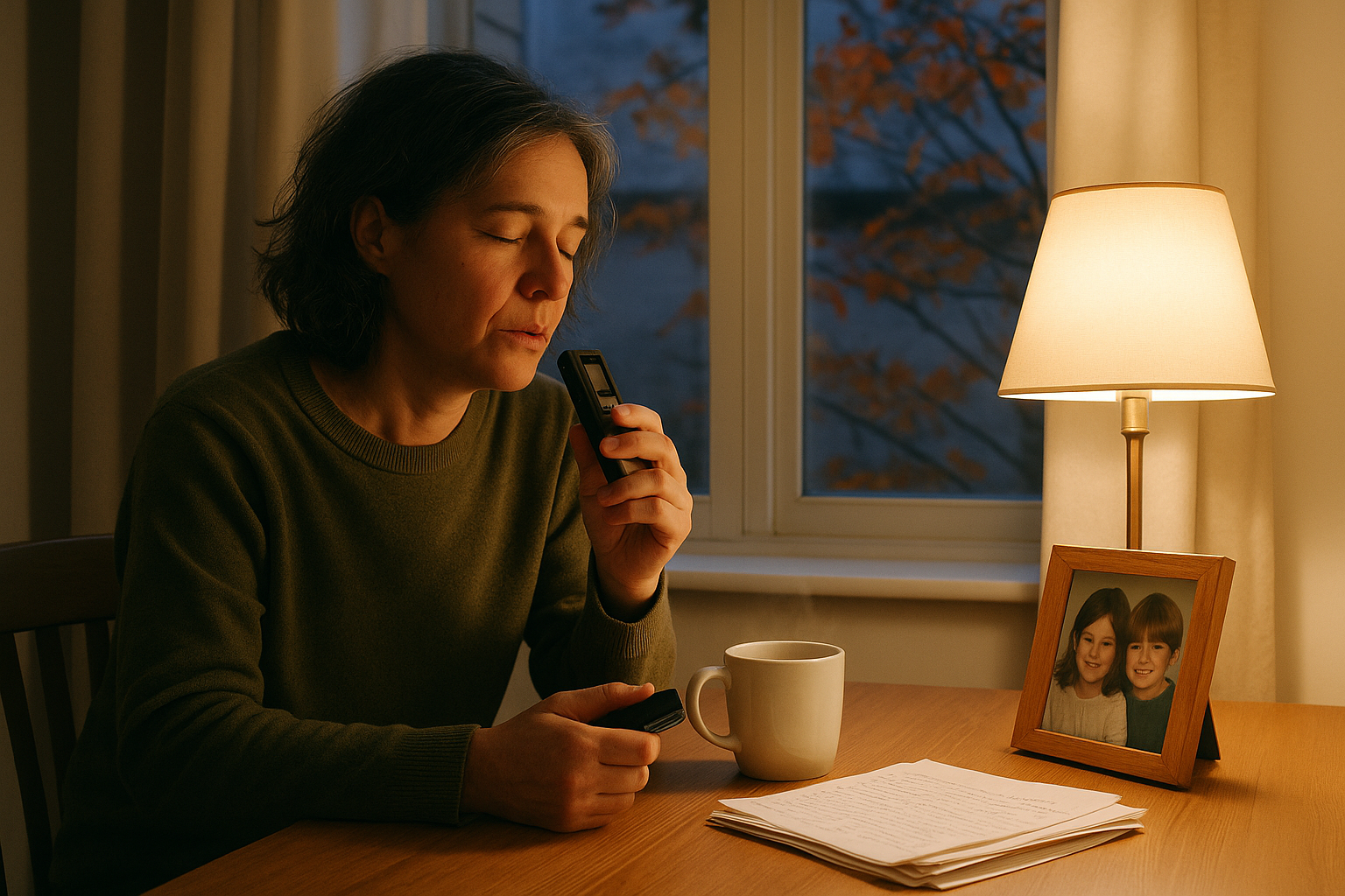 A parent sitting at a desk at dusk speaking into a handheld recorder, with a framed photo of their children nearby.