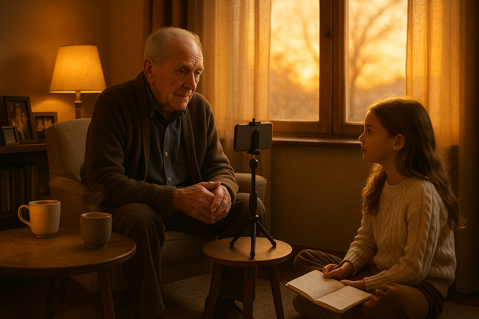 A grandfather sharing memories while his granddaughter records the conversation on a phone in a warm, sunlit living room