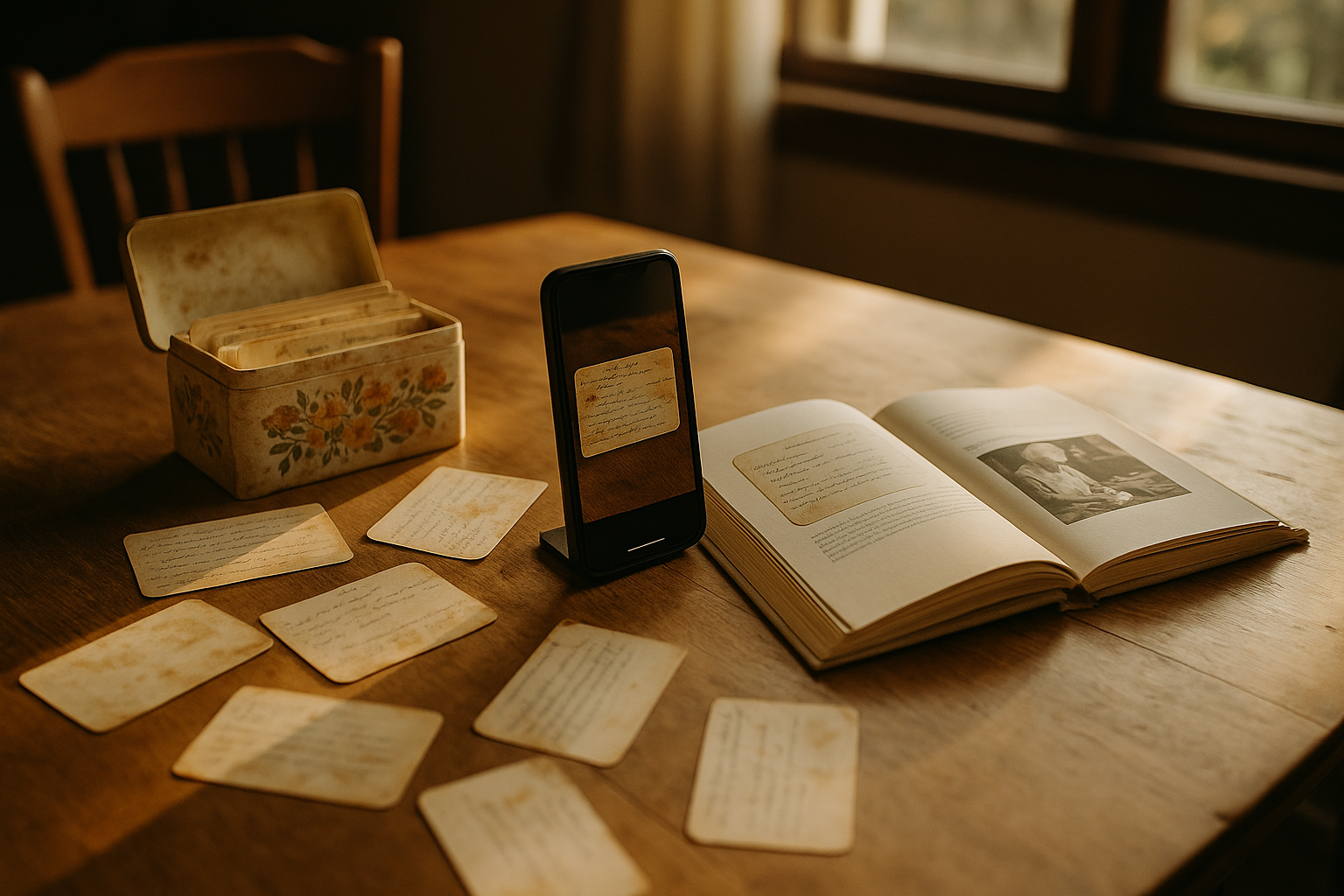 Handwritten family recipe cards and photos being organized into a keepsake cookbook on a sunlit kitchen table