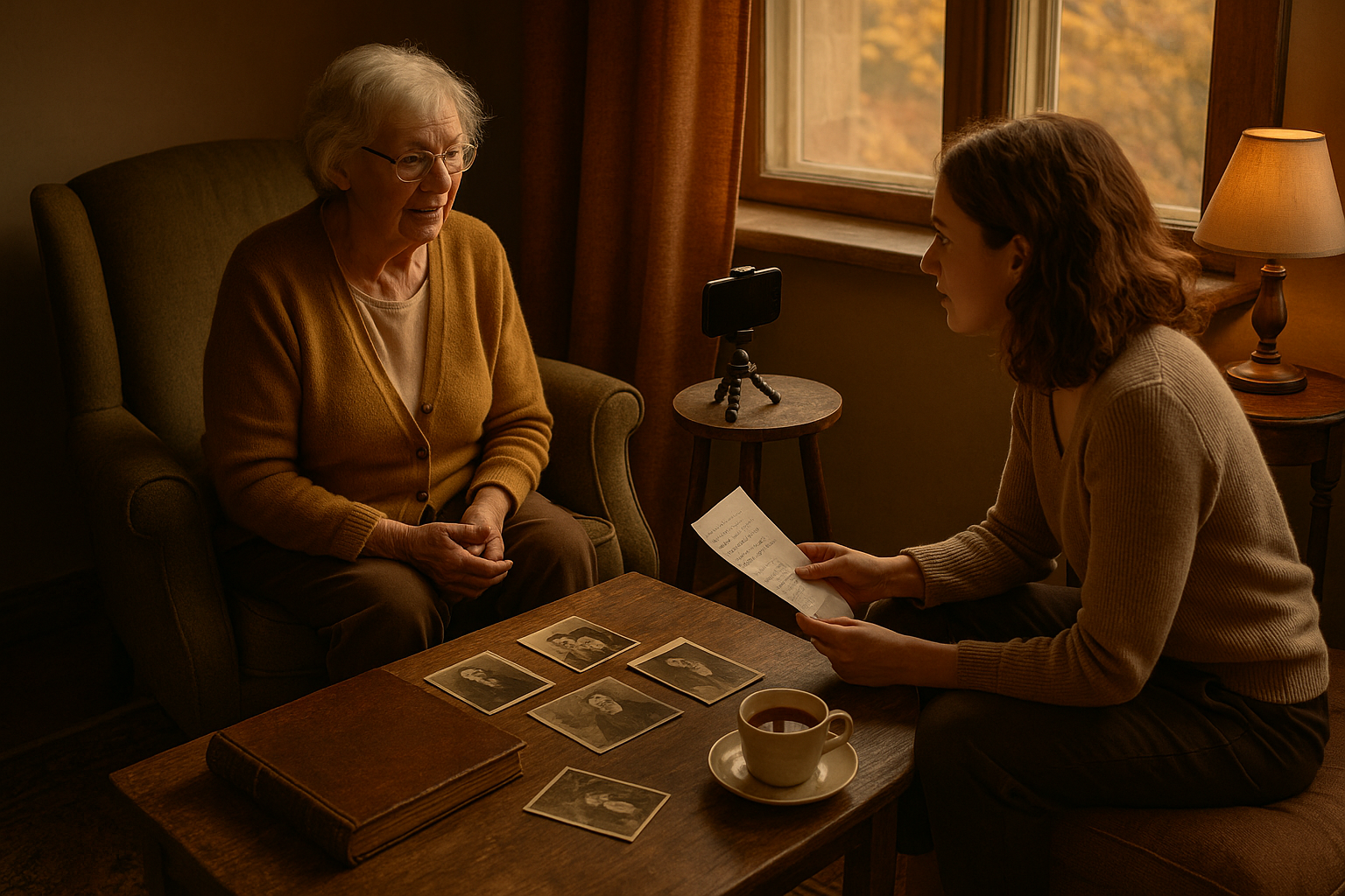 An elderly woman being recorded on a smartphone by her granddaughter while sharing family stories, with old photographs on the table between them