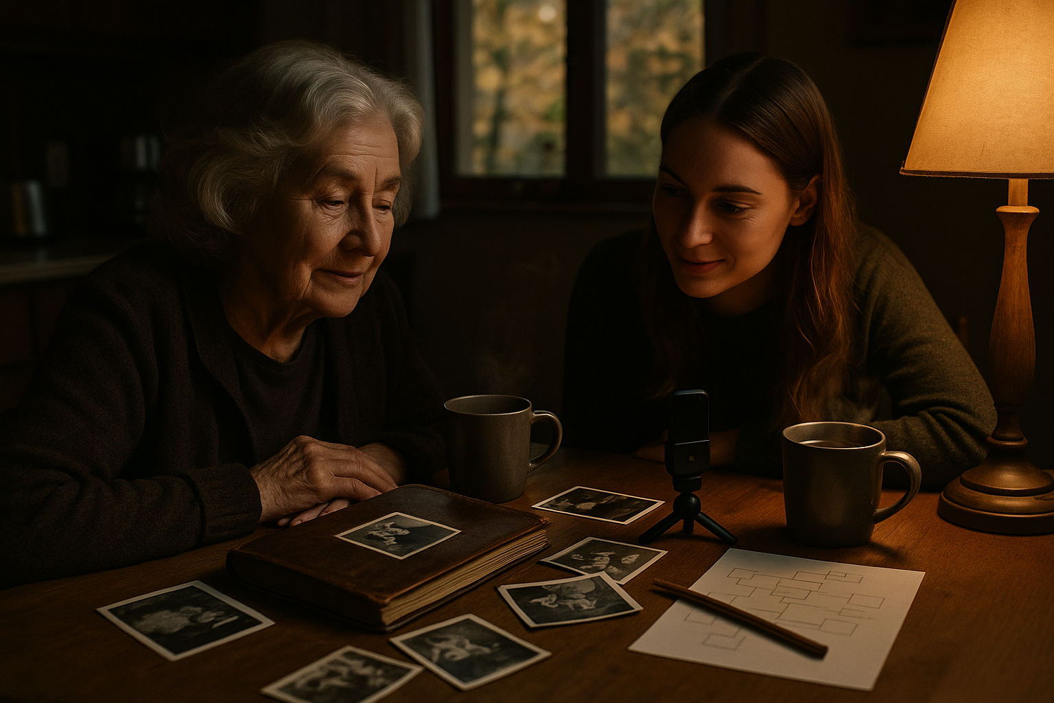 Grandmother and granddaughter looking through old family photographs together at a kitchen table while recording an oral history interview