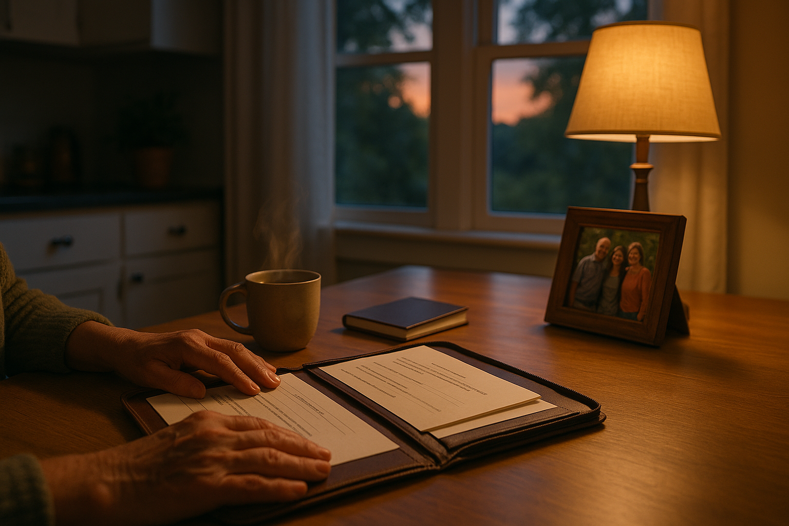 An older woman's hands resting on an organized folder of end-of-life planning documents at a lamp-lit kitchen table in the evening