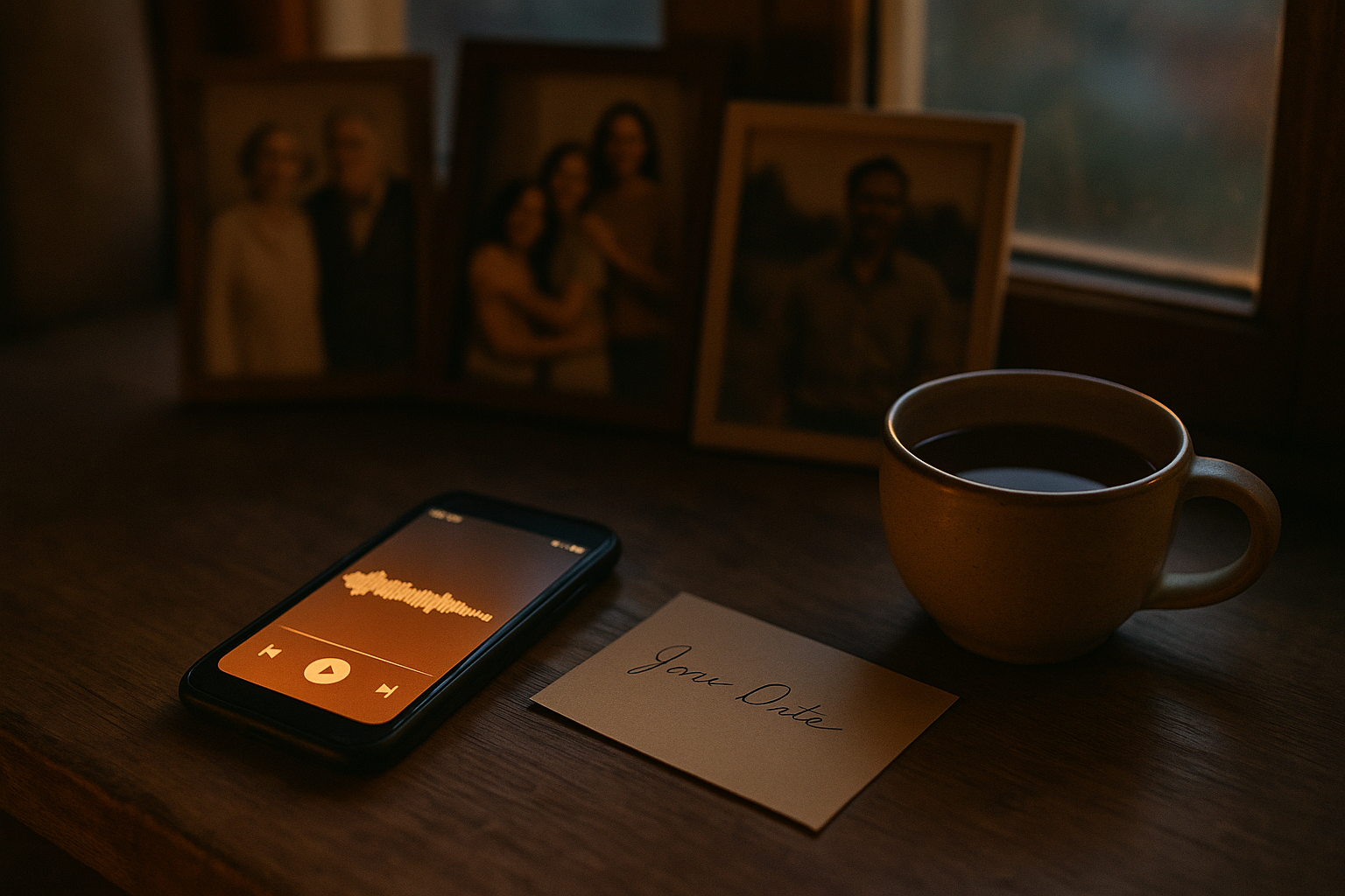 A smartphone playing an old voicemail on a kitchen table at dusk, surrounded by family photographs, evoking the quiet act of preserving a loved one's voice