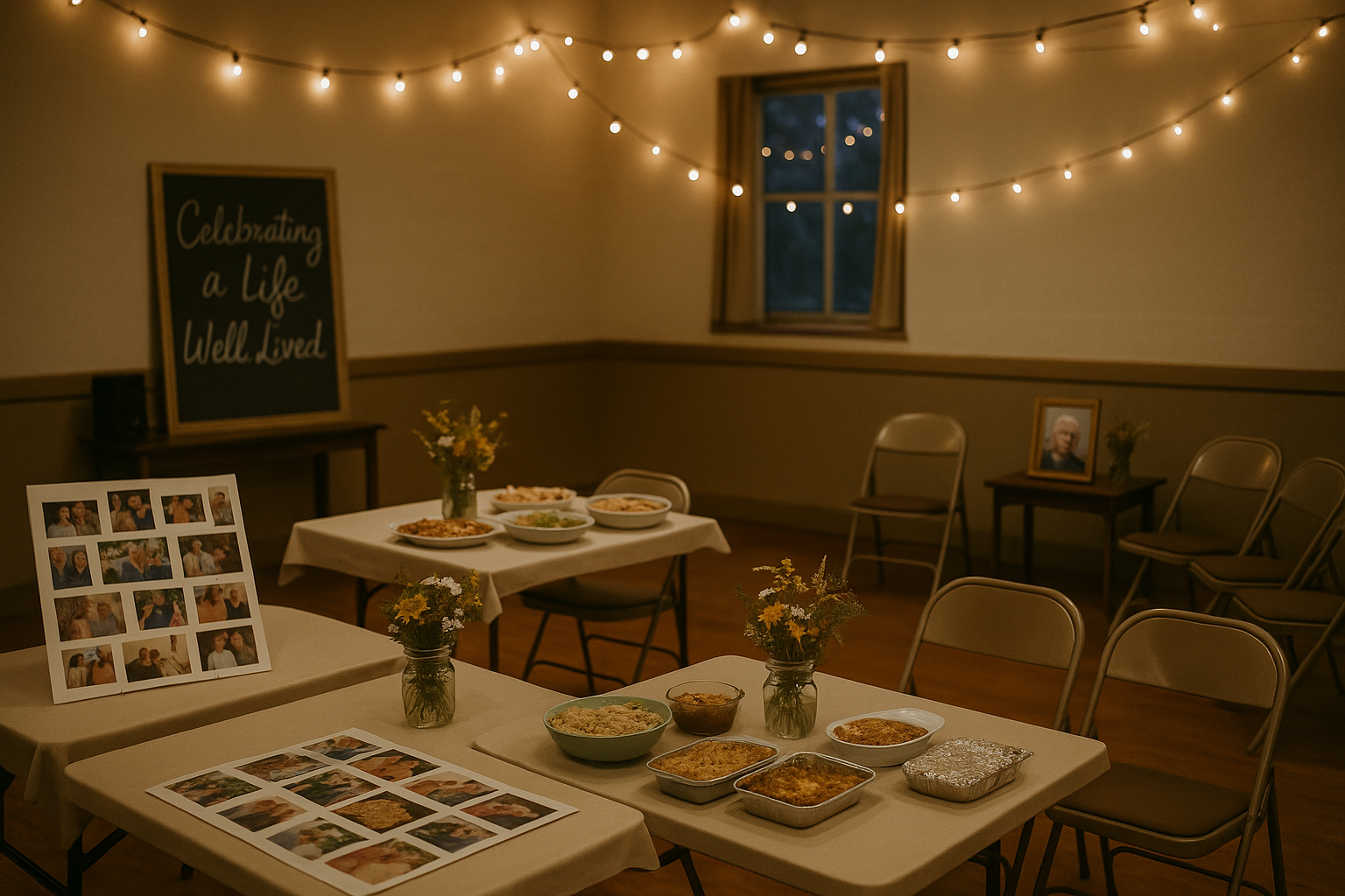 A modest community hall set up for a budget-friendly memorial gathering with photo collages, potluck food, and flowers on folding tables.