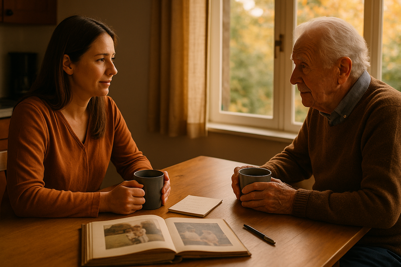 An adult daughter and her aging father having a calm, warm conversation at a kitchen table at dusk, with tea and a family photo album nearby.
