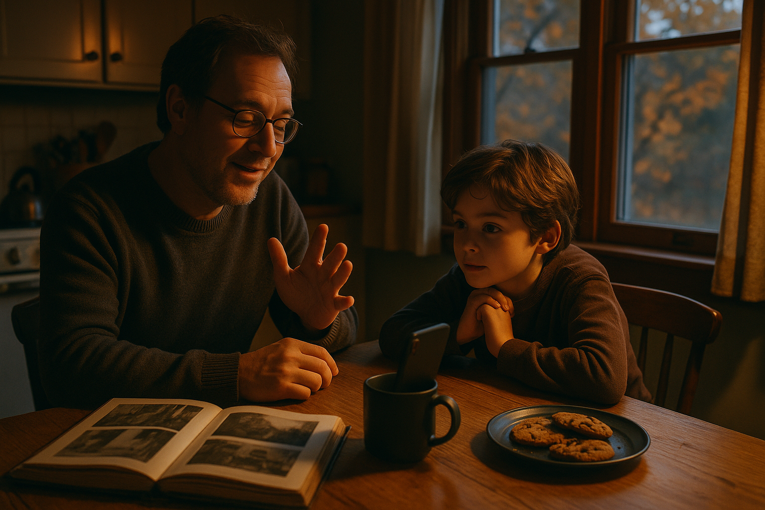 A parent in their forties recording a family story on a smartphone at the kitchen table while their child listens, golden evening light through the window