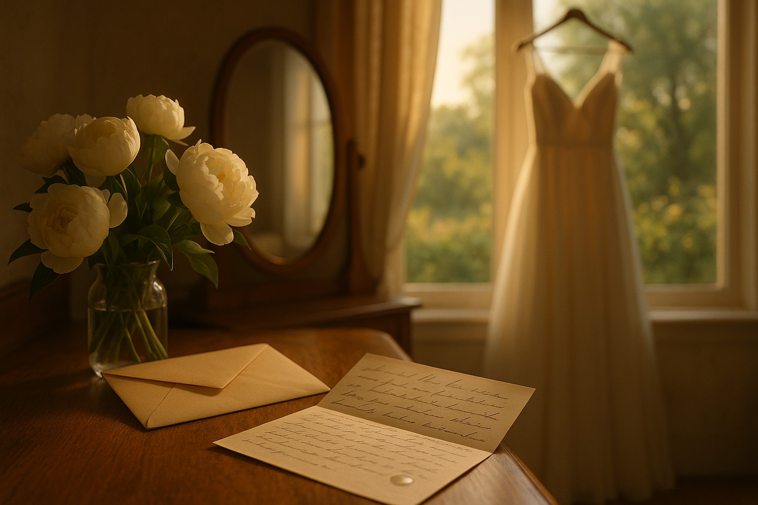 A handwritten wedding-day letter resting beside a bridal bouquet on a vanity in soft morning light