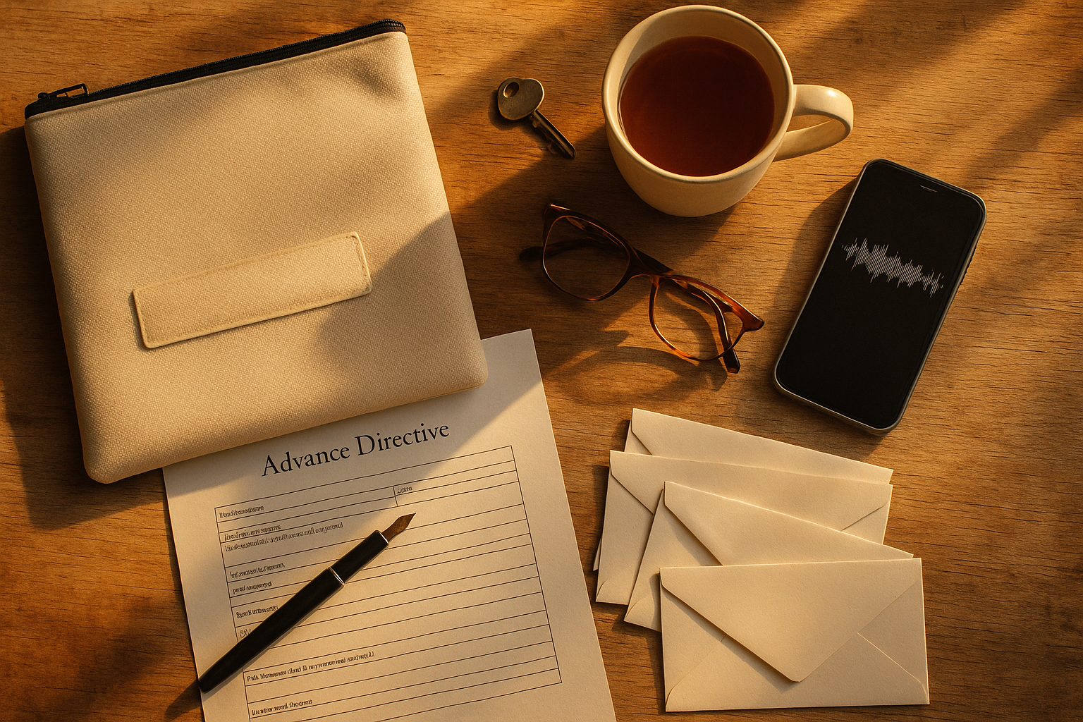 A fireproof folder of estate documents, a pen, and a phone showing a voice recording, arranged on a table in warm afternoon light.